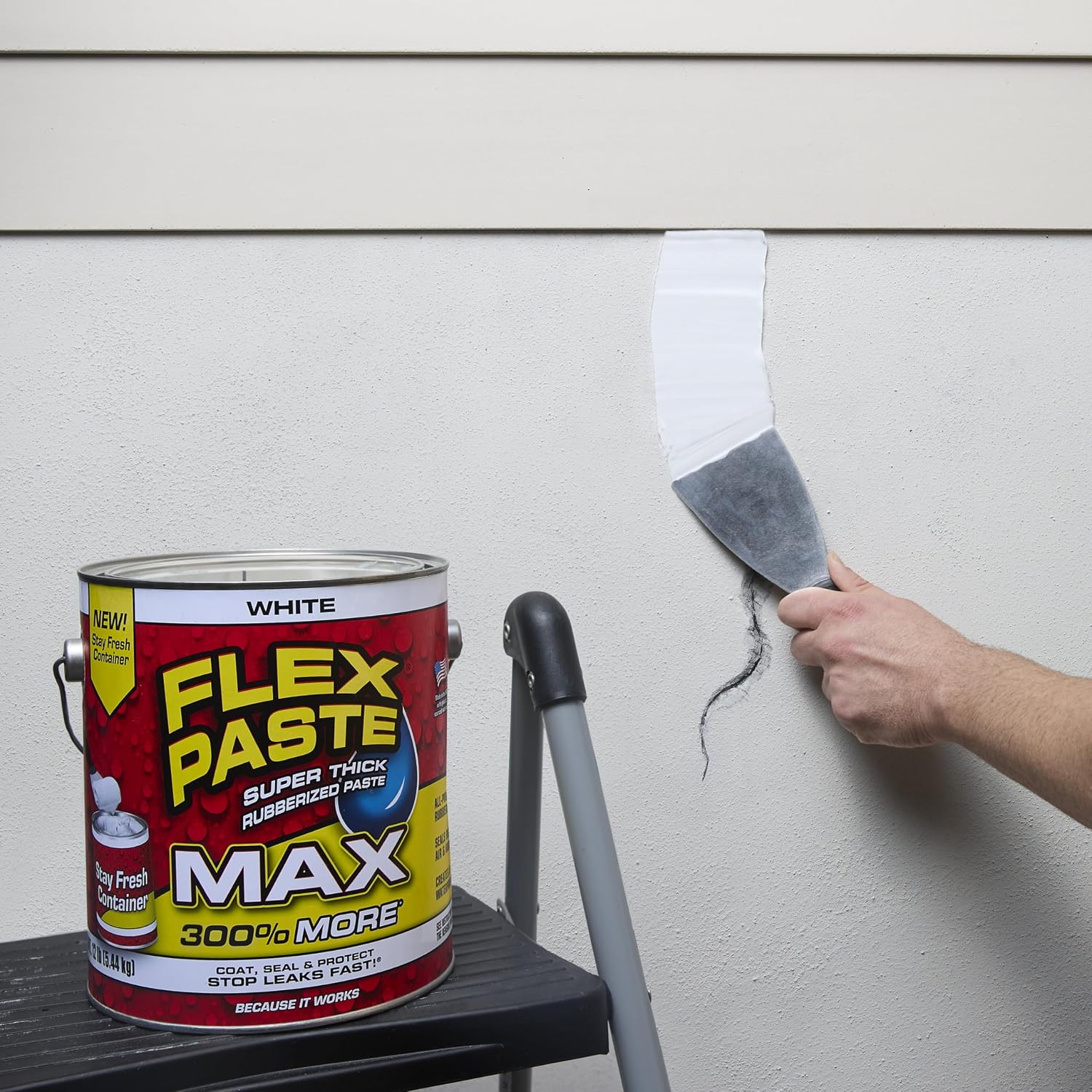 Flex Paste MAX, 12 lb Can, White, Waterproof Paintable Putty, Spackle Sealant, Fill Gaps Cracks Holes - Block Out Water and Air - UV Resistant - Walls