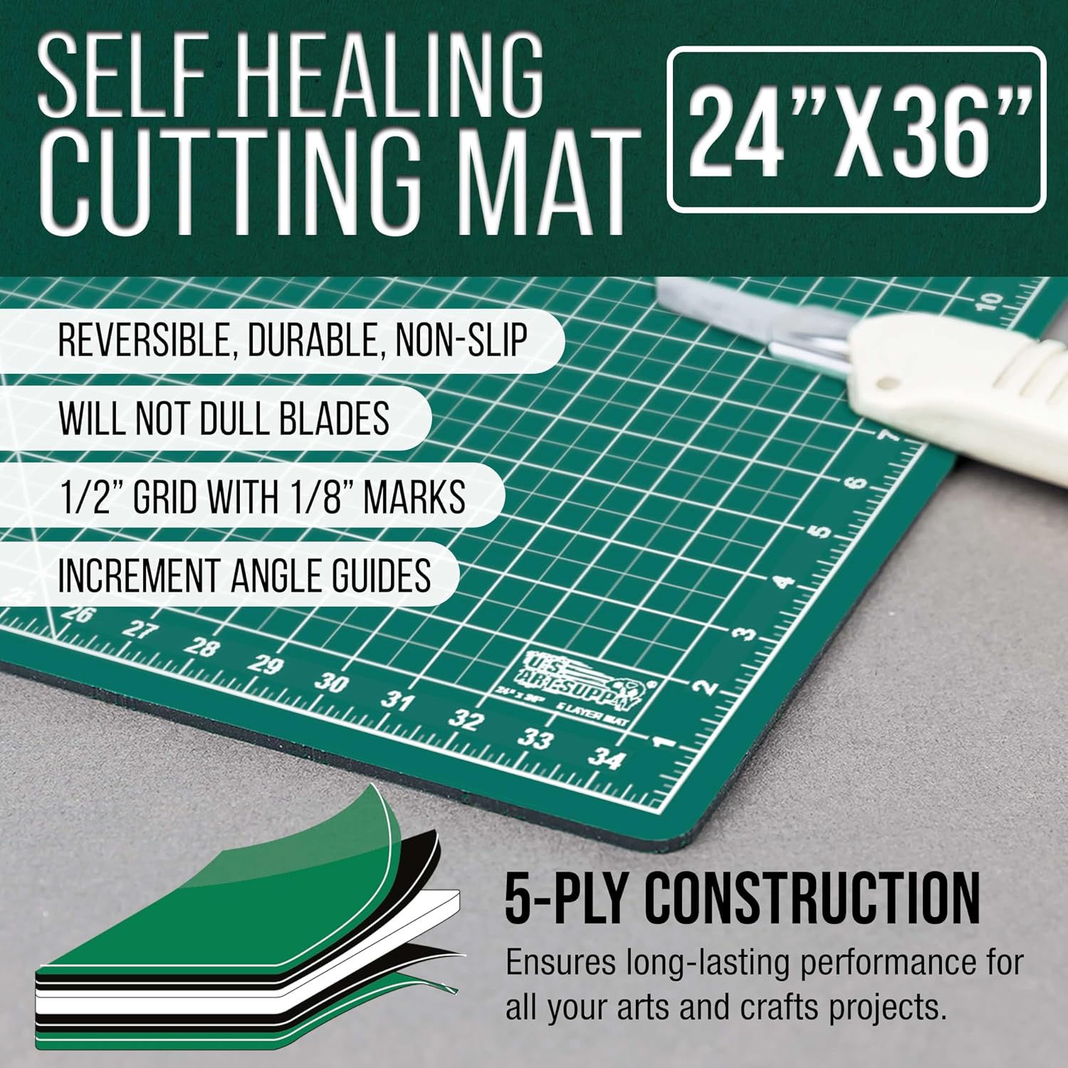 U.S. Art Supply 24" x 36" Self-Healing Cutting Mat 5-Ply - Double-Sided White/Blue Craft Mat, Non-Slip Cutting Mats for Crafts, Sewing, Quilting, Scrapbooking | Double-Sided White/Blue Craft Mat, Non-Slip Cutting Mats for Crafts, Sewing, Quilting, Scrapb…