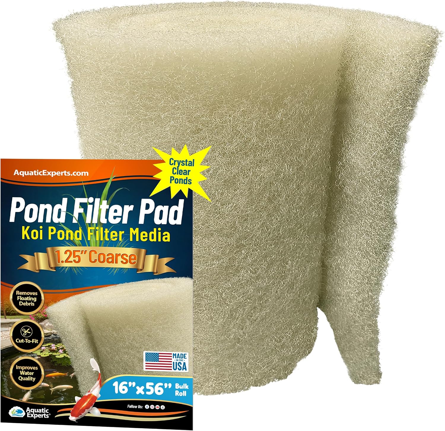 Aquatic Experts Cream COARSE Pond Filter Pad - 2 inch Thick - Bulk Roll Water Garden Filter Pond Media - Made in USA, (12" x 36")