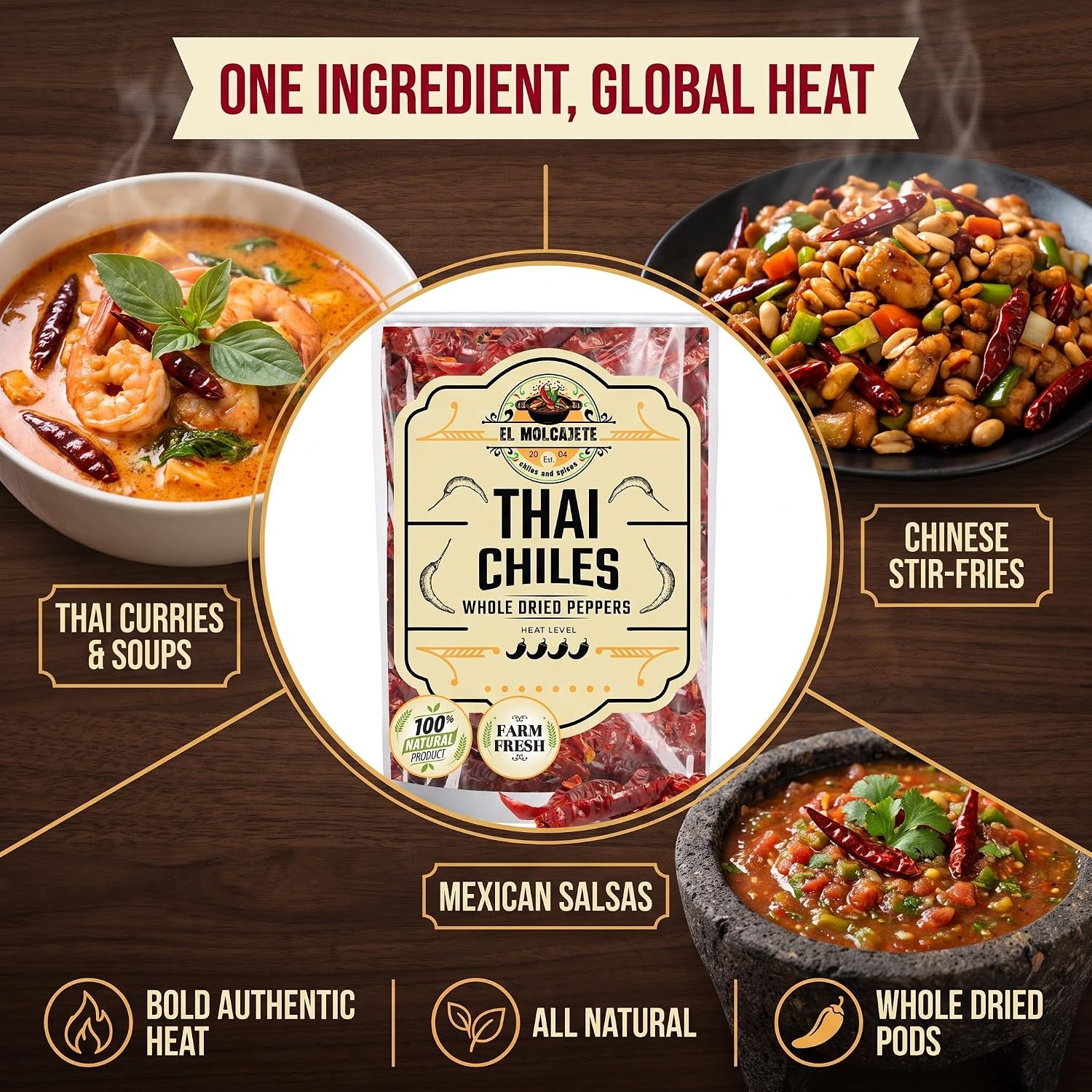 Dried Red Thai Chili Peppers 16oz Whole Hot Asian Chile for Curry Soup | Fiery authentic heat for tom yum, pad thai, ramen, stir fry & chili oil. Bulk bag, all natural. Resealable.