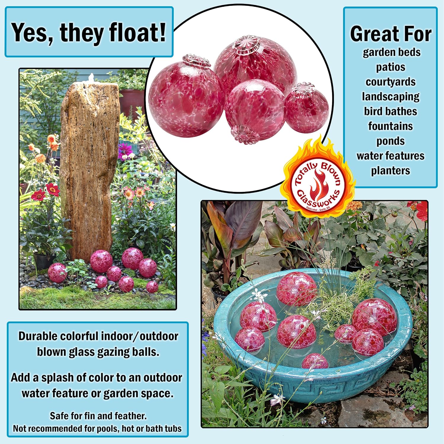 Totally Blown Glassworks Pond Float. Handmade Blown Glass, Garden Gazing Ball, Table Centerpiece
