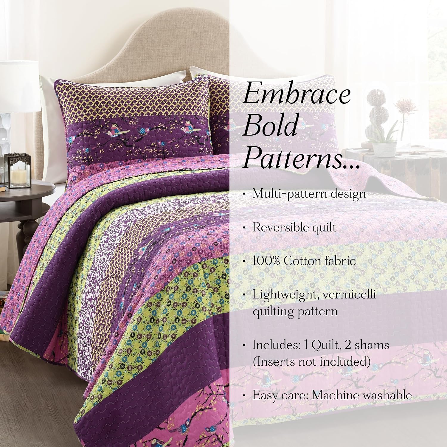 Lush Decor Royal Empire Reversible Cotton Quilt Set, 3 Piece Set Full/ Queen, Plum - Striped Bedding Set - Floral Quilt Queen Size - Purple Bedding - Boho Decor