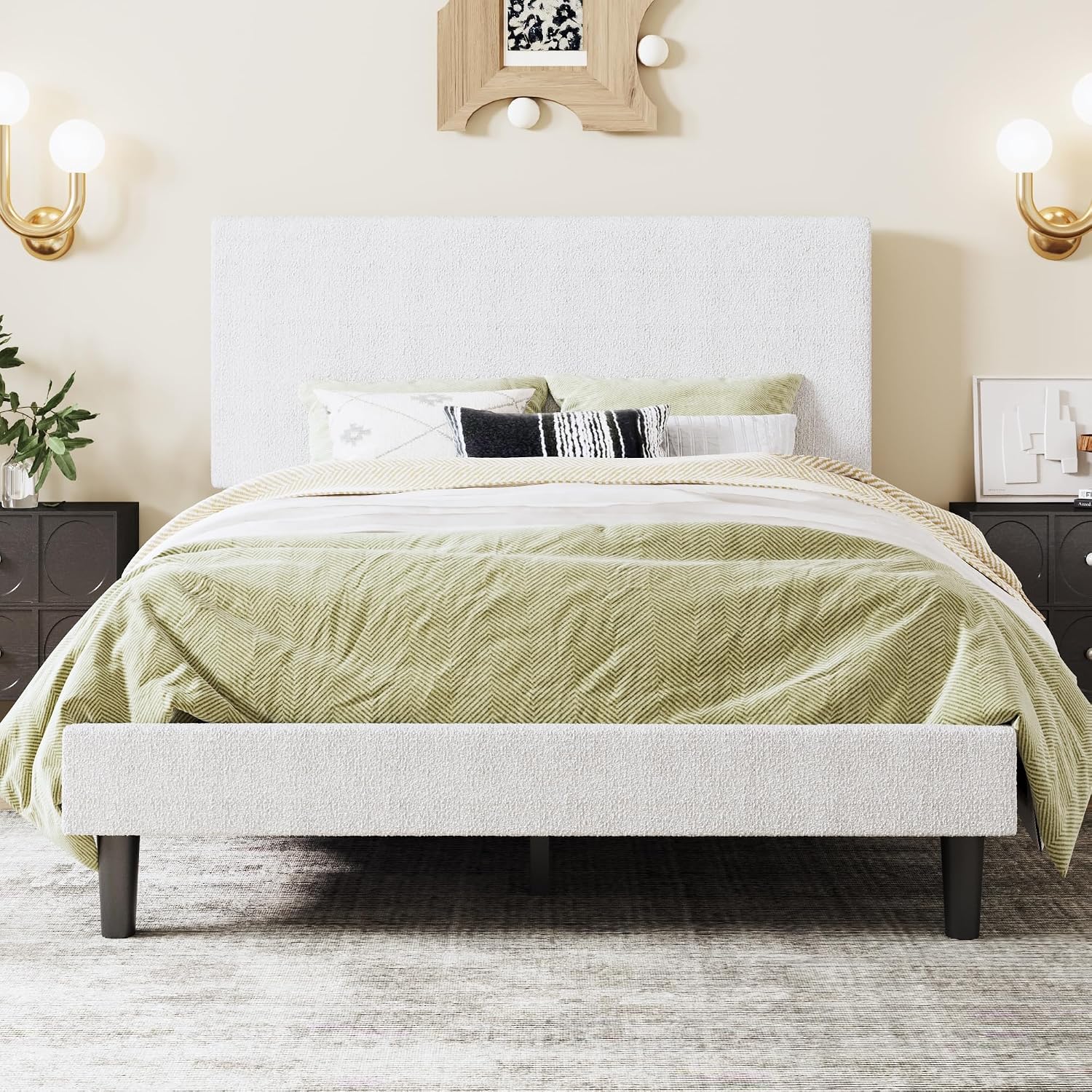 SHA CERLIN Boucle Upholstered Queen Size Bed Frame, White | Platform Bed with Adjustable Headboard, Wooden Slats Support, No Box Spring Needed, Noise-Free, Easy Assembly