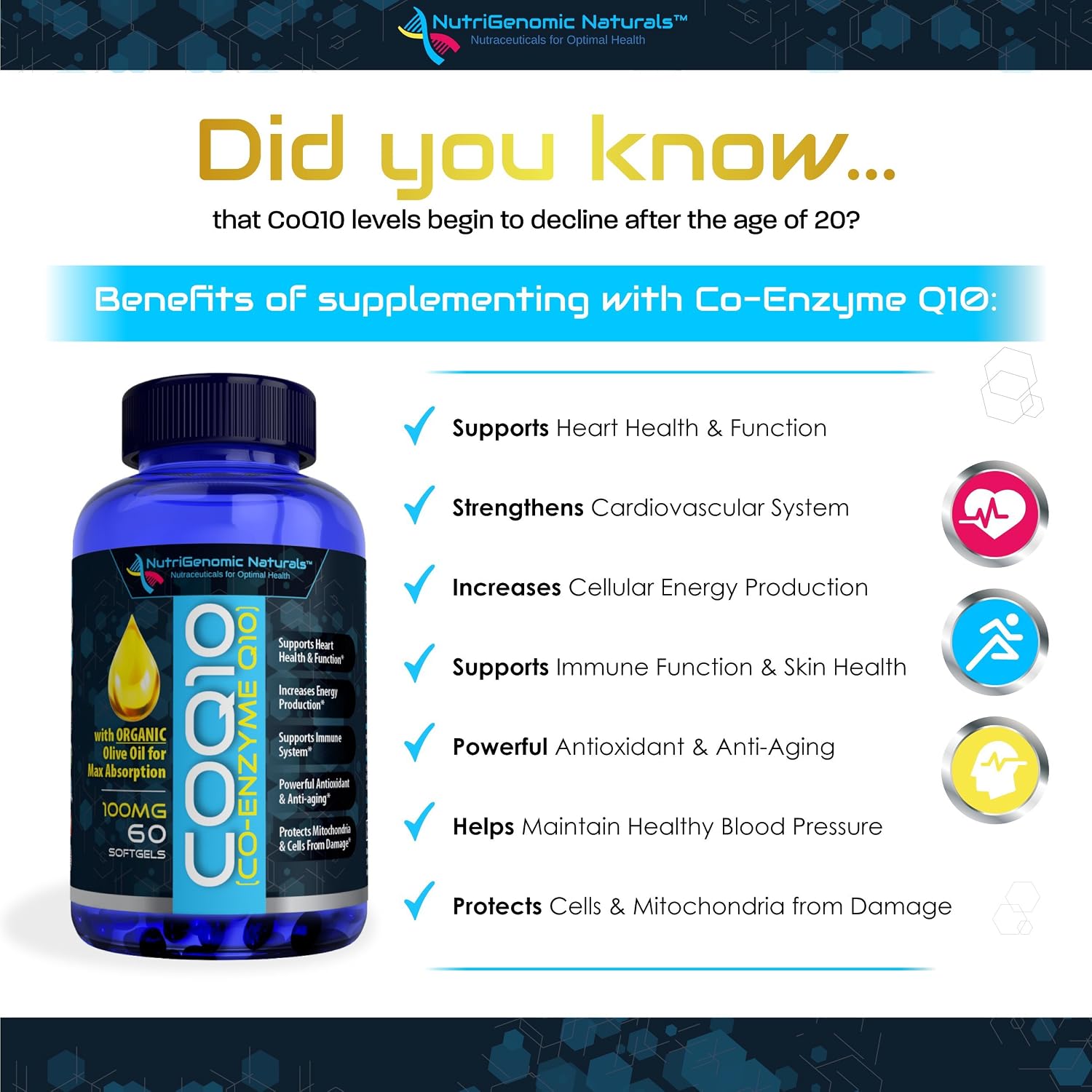 CoQ10, Coenzyme Q10, Highest Absorption with Organic Olive Oil, 100mg, 60 Softgels, Ubiquinone, Ubiquinol, Supports Heart Health. Pure, Natural