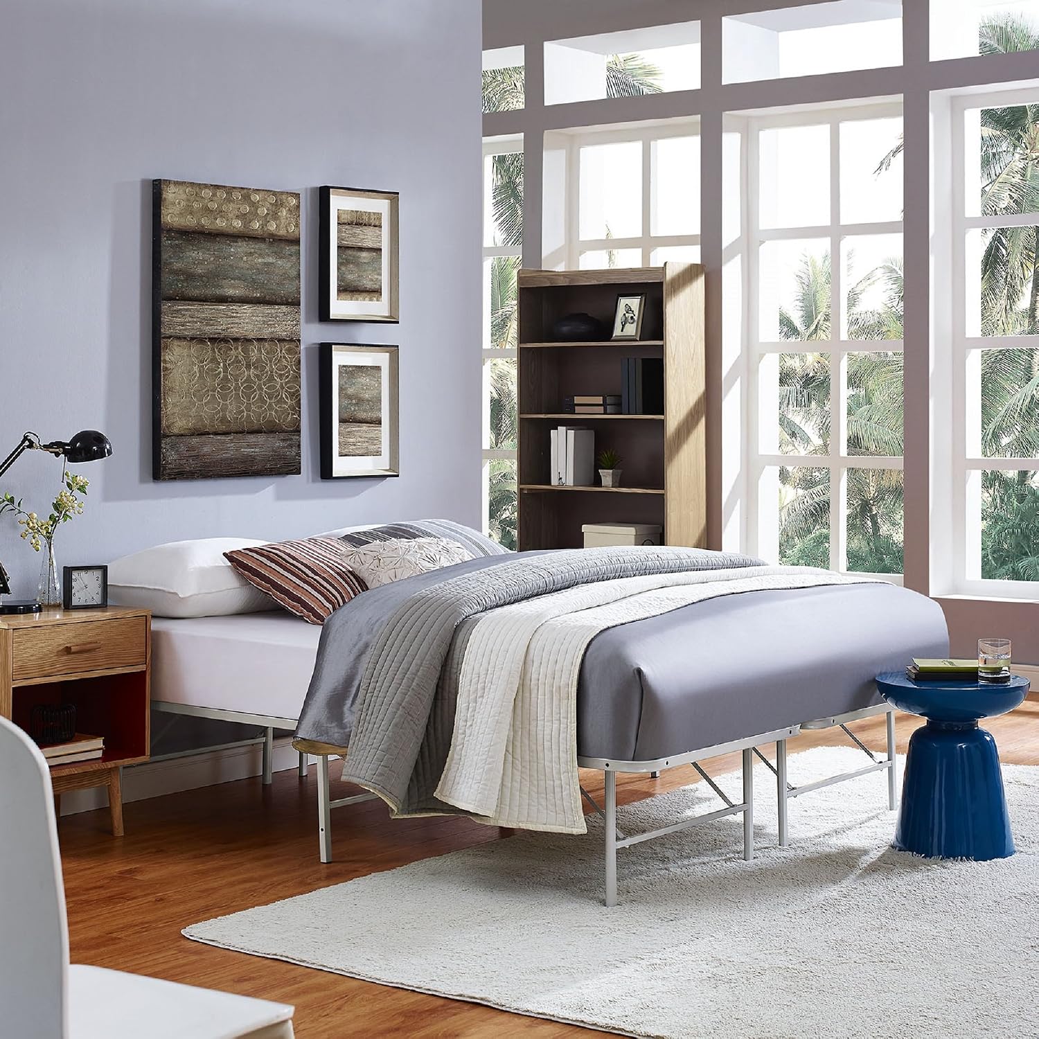 Modway Horizon Queen Bed Frame In Gray - Replaces Box Spring - Folding Metal Mattress Bed Frame