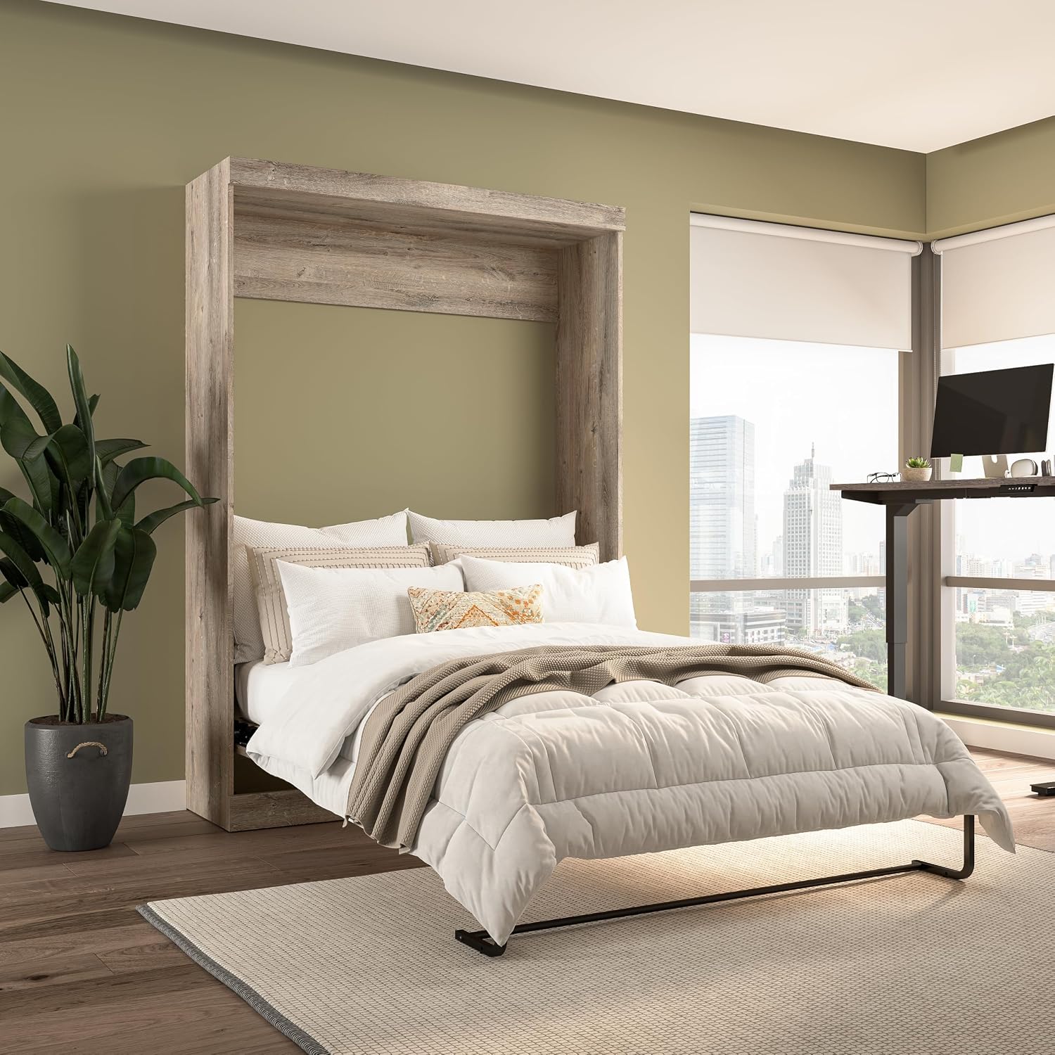 Bestar Pur Queen Murphy Bed, 65-inch Space-Saving Sleeping Arrangement for Multipurpose Area, Bedroom, Guest Room, or Living Room | Dual piston mechanism; for guest room or multipurpose space; Shaker-inspired trim with metal handles
