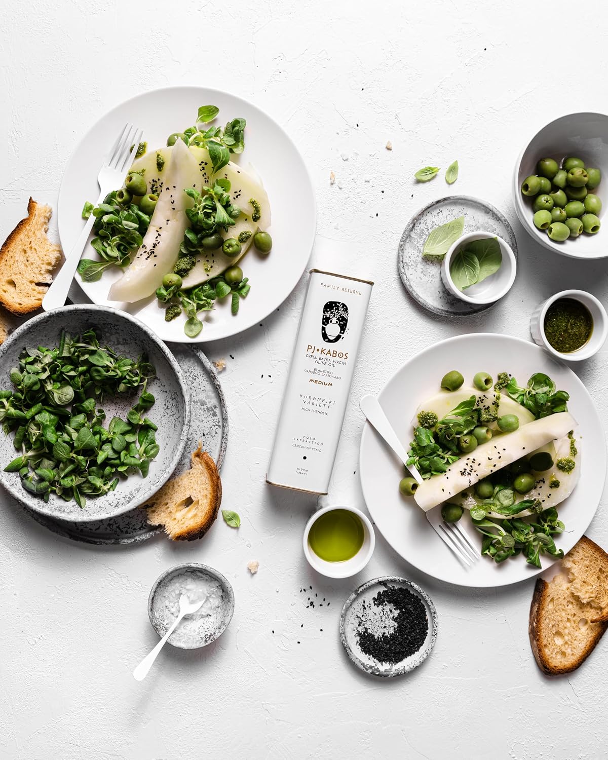 P.J. KABOS Fresh 2025/26 Harvest, High Phenolic (400+mg/kg), Natural Greek Extra Virgin Olive Oil, Kosher, Greece, Cold Extracted, 16.9 oz Tin, Koroneiki, "Family Reserve -Medium"