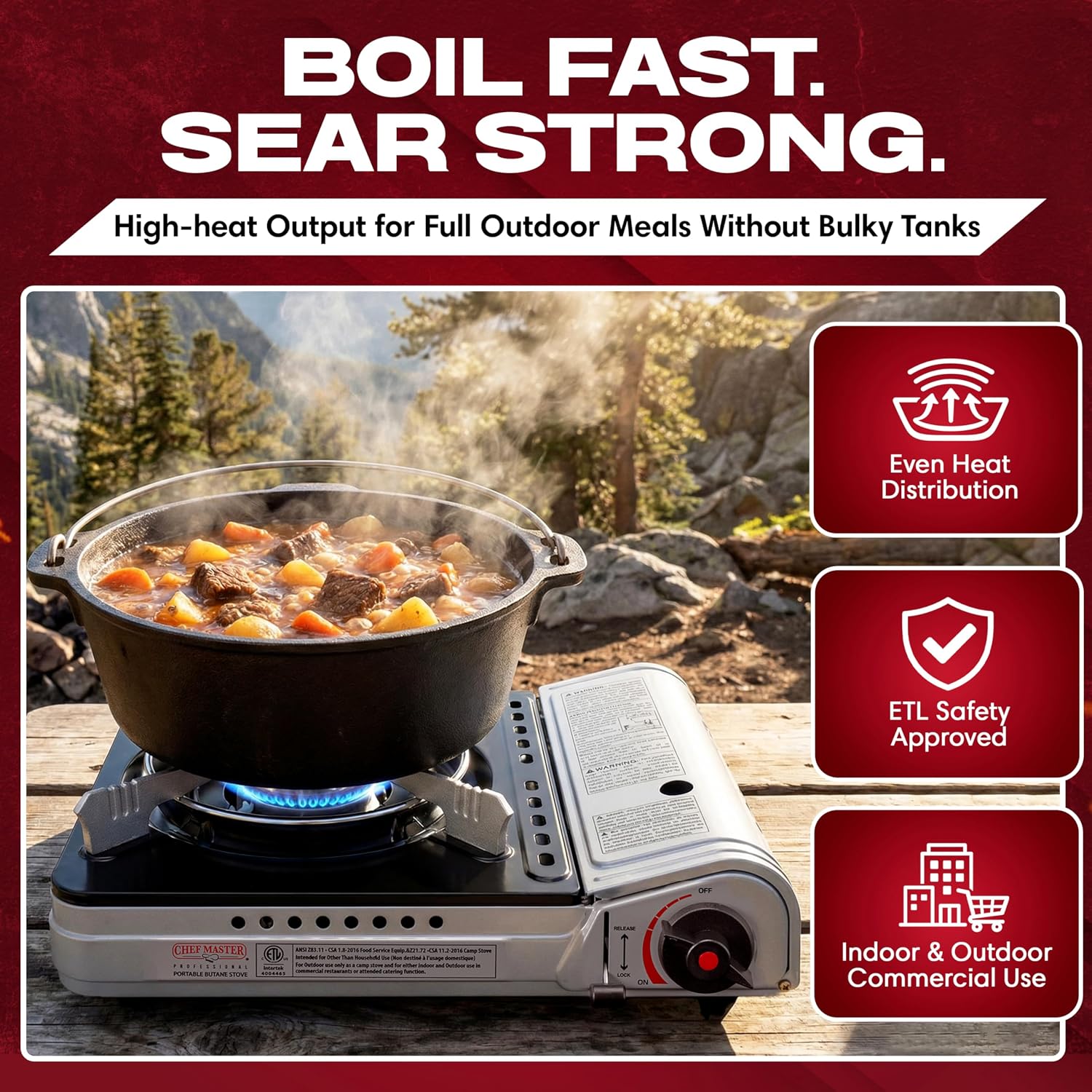 Chef Master 12,000 BTU Portable Butane Stove - Gas Burner for Camping & Outdoor Cooking - Countertop Cooktop with Carry Case, Wind Guard & Electronic Ignition - Portable Cooker & Burner Stove – 90235