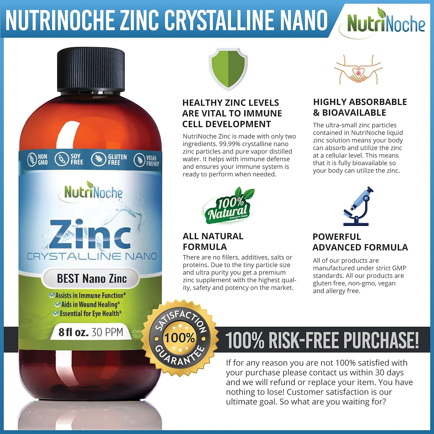 Liquid Zinc Supplement by Nutrinoche: Organic Liquid Drops - Ionic Zinc and Picolinate Alternative - 99.99% Ultra Pure Crystalline Nano Particles