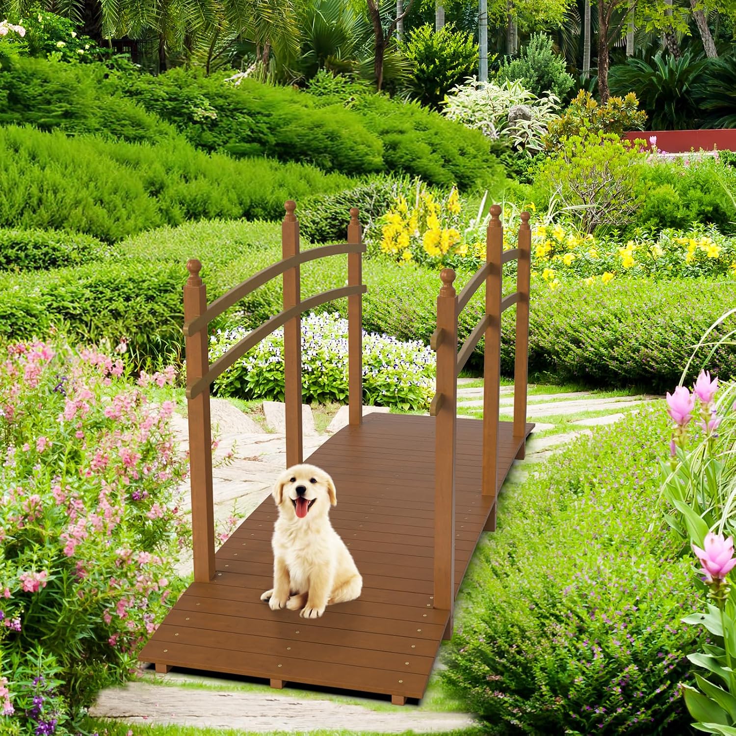 VINGLI 5 ft Garden Bridge, Classic Wooden Arch with Safety Rails Stained Finished Footbridge, Decorative Pond Landscaping, Backyard, Creek or Farm