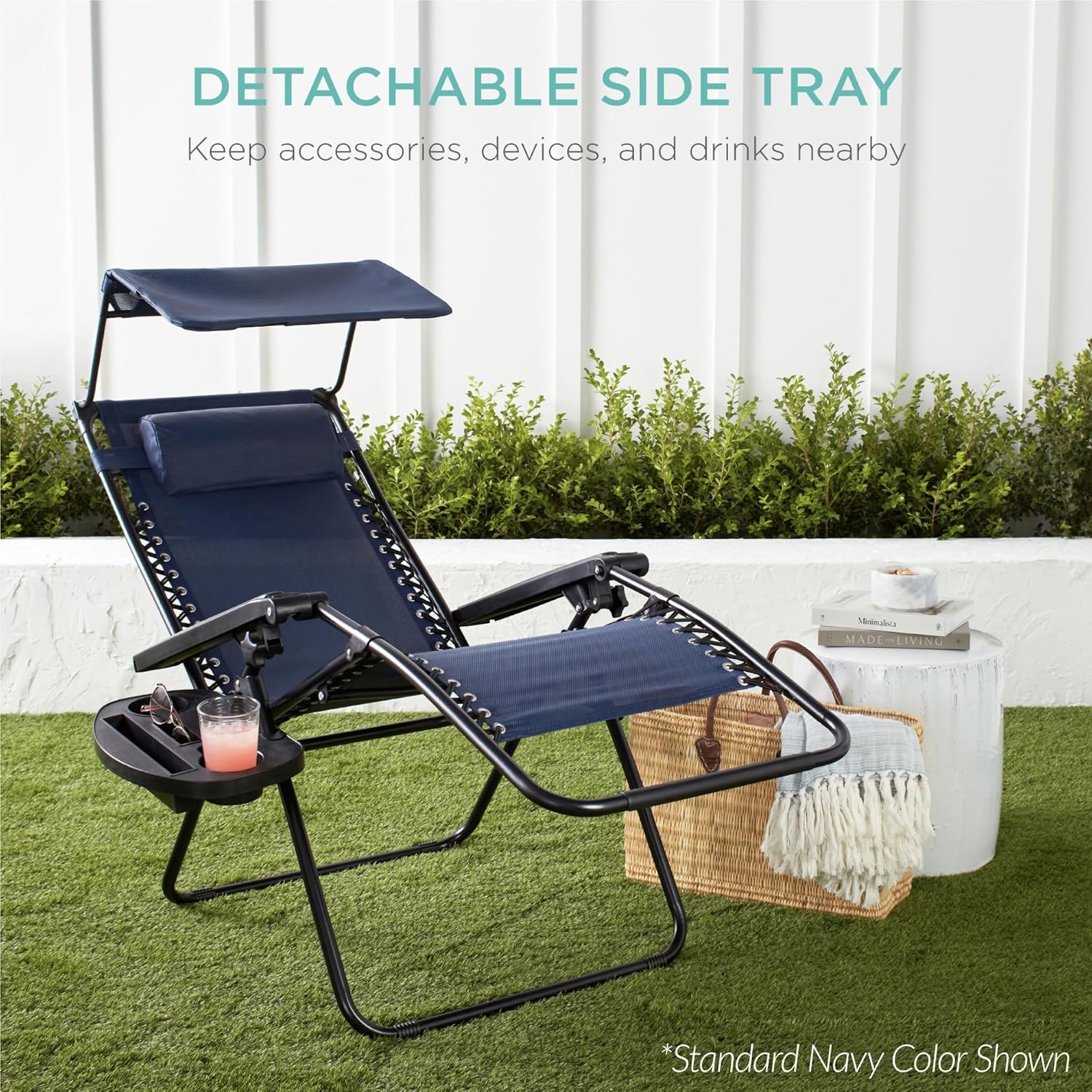 Best Choice Products Folding Zero Gravity Outdoor Recliner Patio Lounge Chair w/Adjustable Canopy Shade, Headrest, Side Accessory Tray, Textilene Mesh - Beige