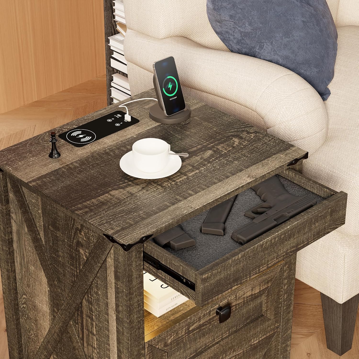 Farmhouse LED Nightstand with Gun Drawer&Invisible Lock,Modern Bedside Table with Human Sensor Design,Rustic Side Table with Wireless Charging for Living Room, Dark Oak