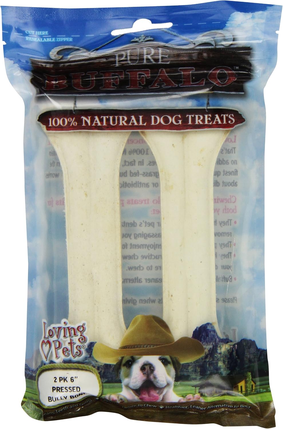 Loving Pets Pure Buffalo 6-Inch Pressed Bully Bone Dog Treat, 2-Pack
