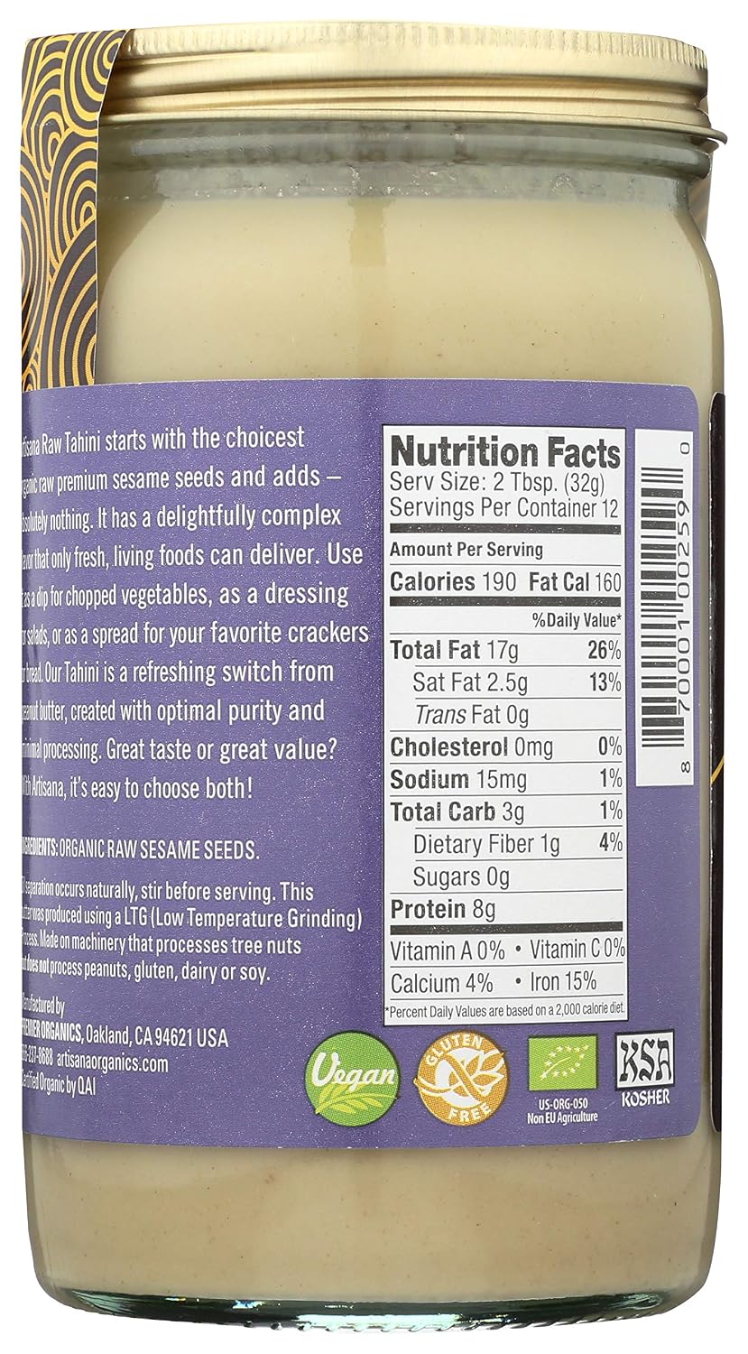 Artisana Organics Raw Tahini Sesame Seed Butter - Just One Ingredient, Unroasted, Vegan, Paleo and Keto Friendly, Non-GMO, 14oz Jar