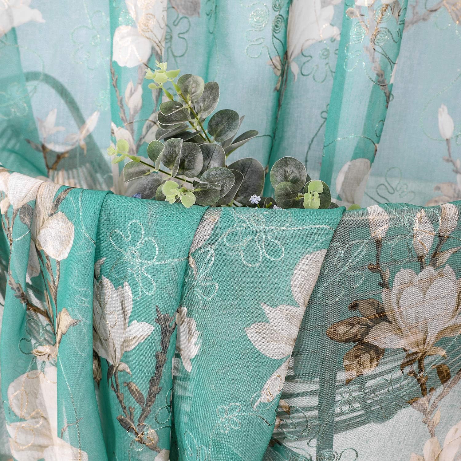 Tollpiz Floral Grey Sheer Curtain Flower Print Vine Embroidery Bedroom Curtains Rod Pocket Voile Window Curtain for Living Room, 54 x 84 inches Long