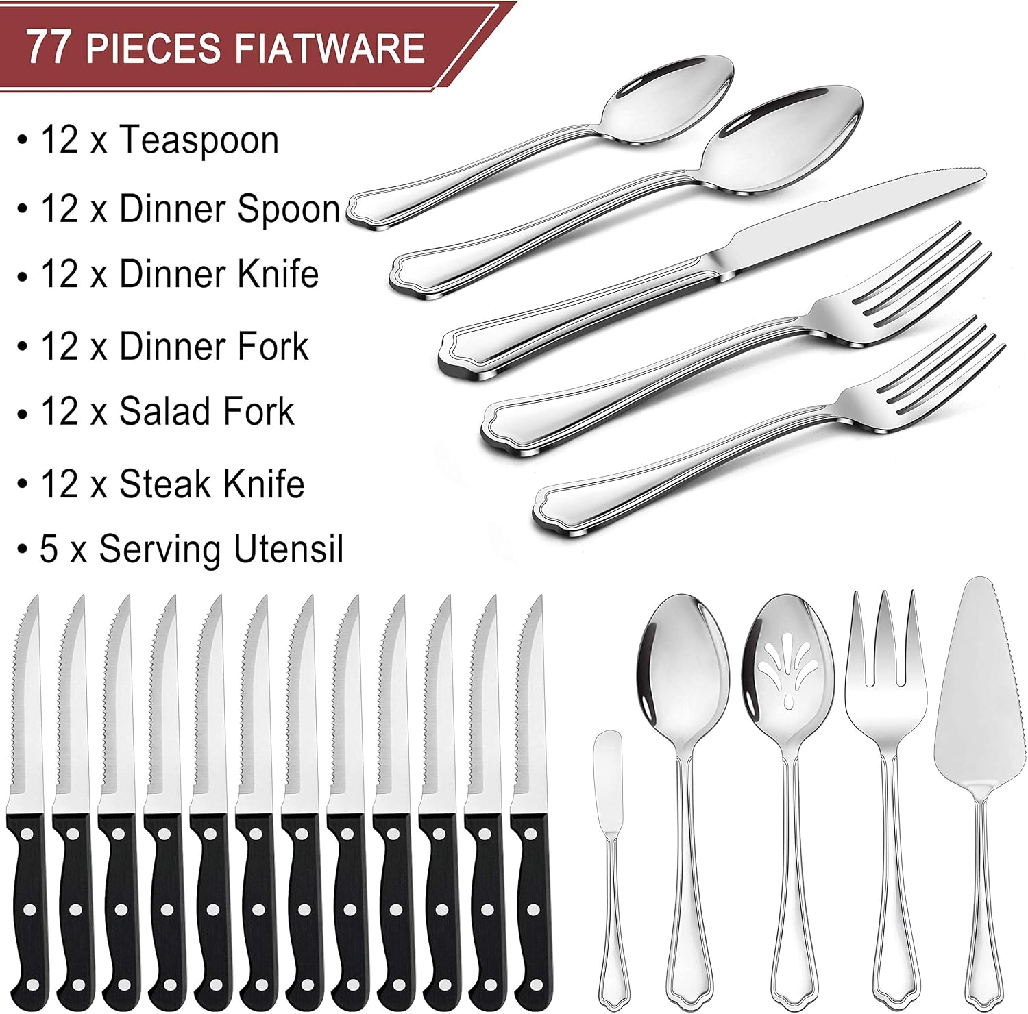 LIANYU 77-Piece Silverware Flatware Set for 12, Stainless Steel Cutlery Set