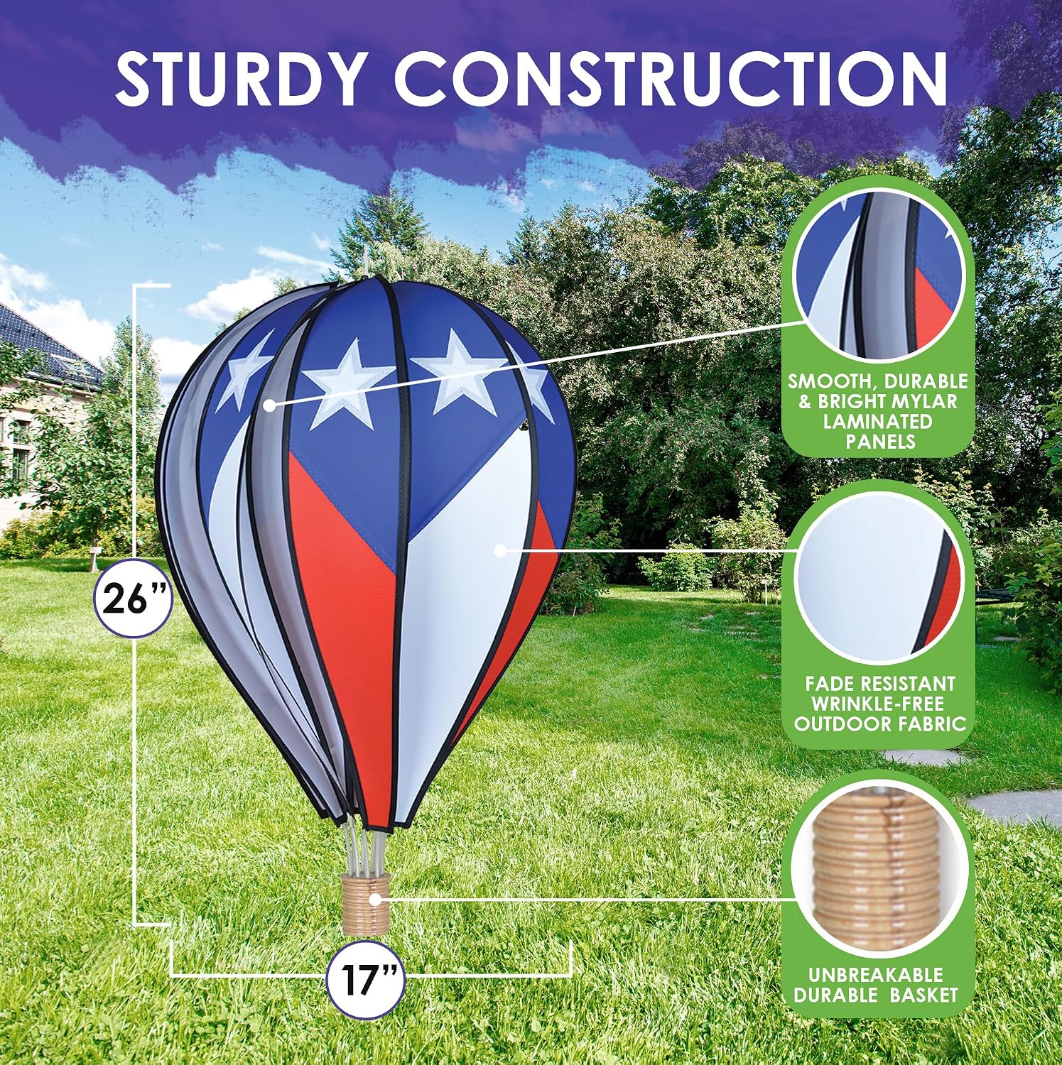Hot Air Balloon Hanging Garden Spinner 26" - Vibrant Patriotic Design, Weather-Resistant Outdoor Decor, Durable & Lightweight for Patios, Yards