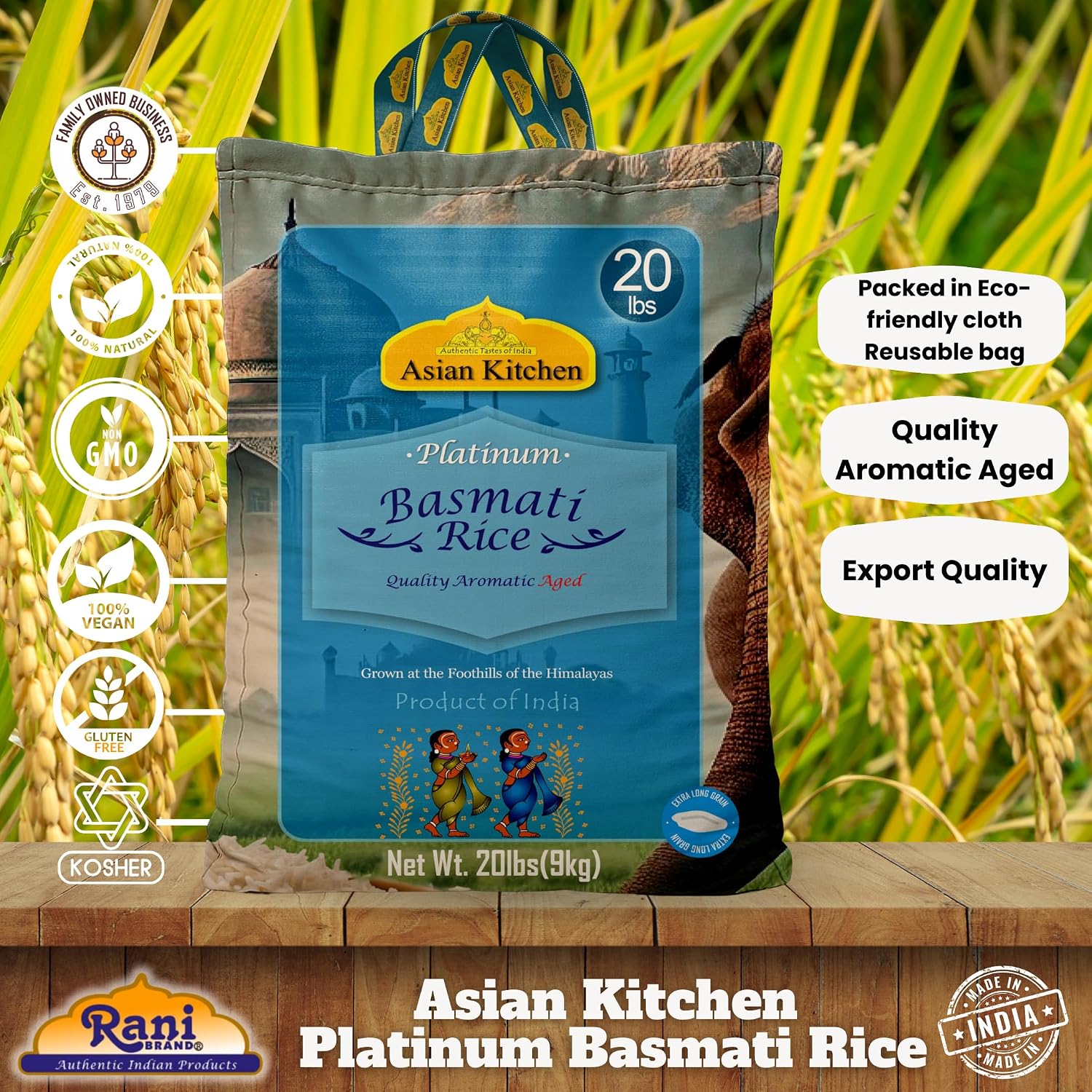 Asian Kitchen Platinum White Basmati Rice Extra Long Aged 20lbs (9.08kg) ~ All Natural | Gluten Friendly | Vegan | Indian Origin | Export Quality