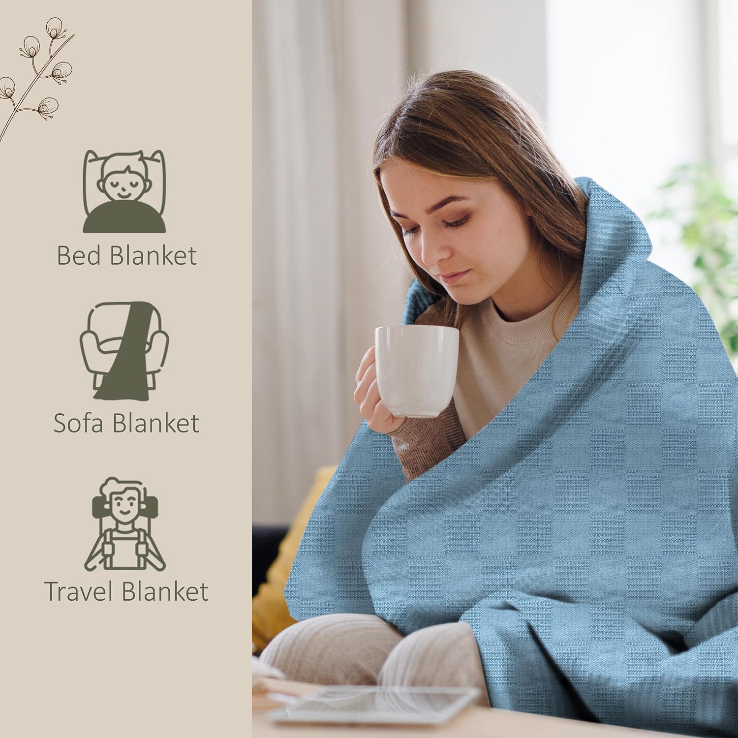 Oakias 100% Cotton Blanket Queen Size, White 90 x 90 Inches – 350 GSM Soft