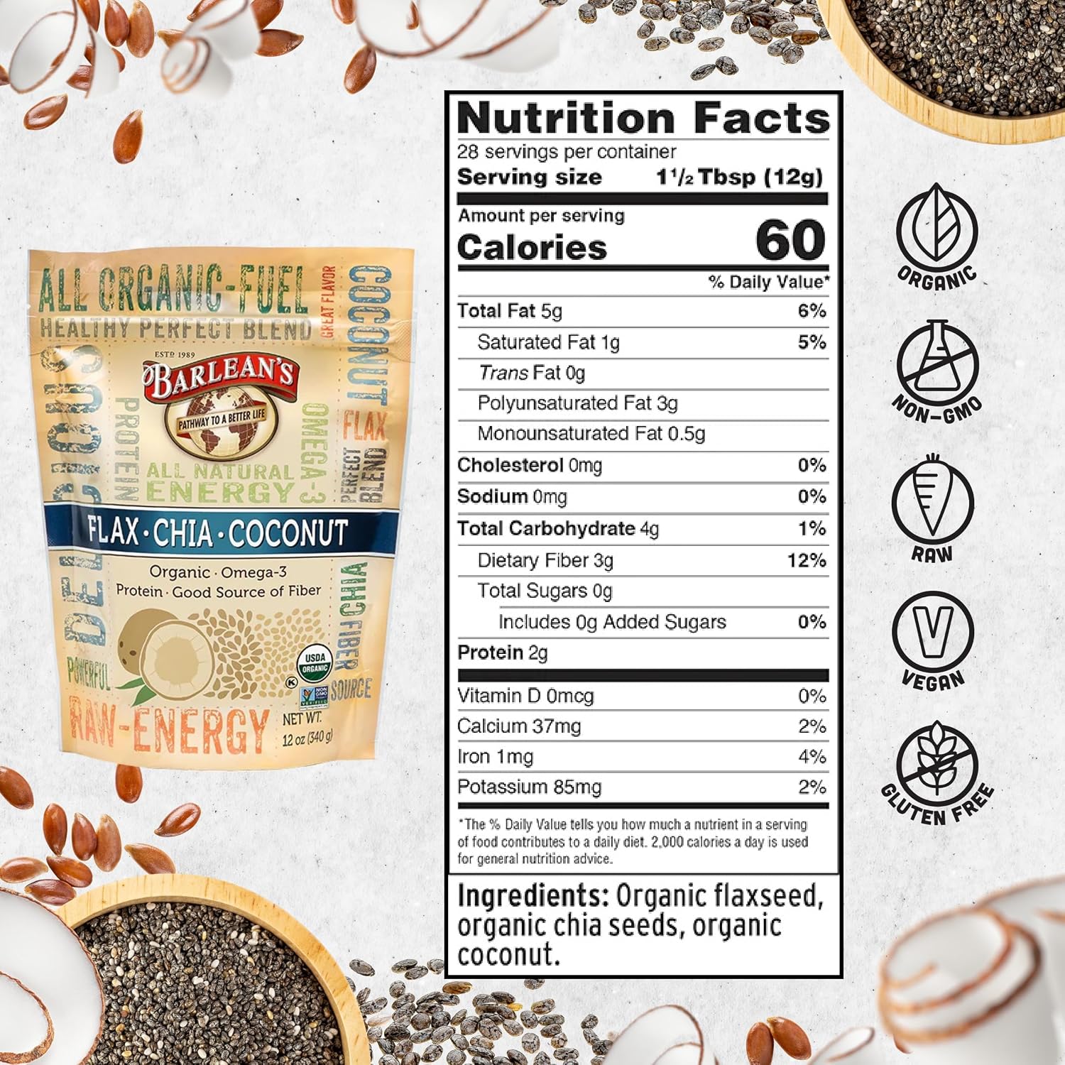 Barlean's Forti-Flax Organic Ground Flaxseed, Omega-3 Fiber, 16oz, 2-Pack | Ground whole raw flax seeds, Lignans, ALA omega-3, Fiber, Non-GMO, Vegan, For smoothies, baking, oatmeal & yogurt