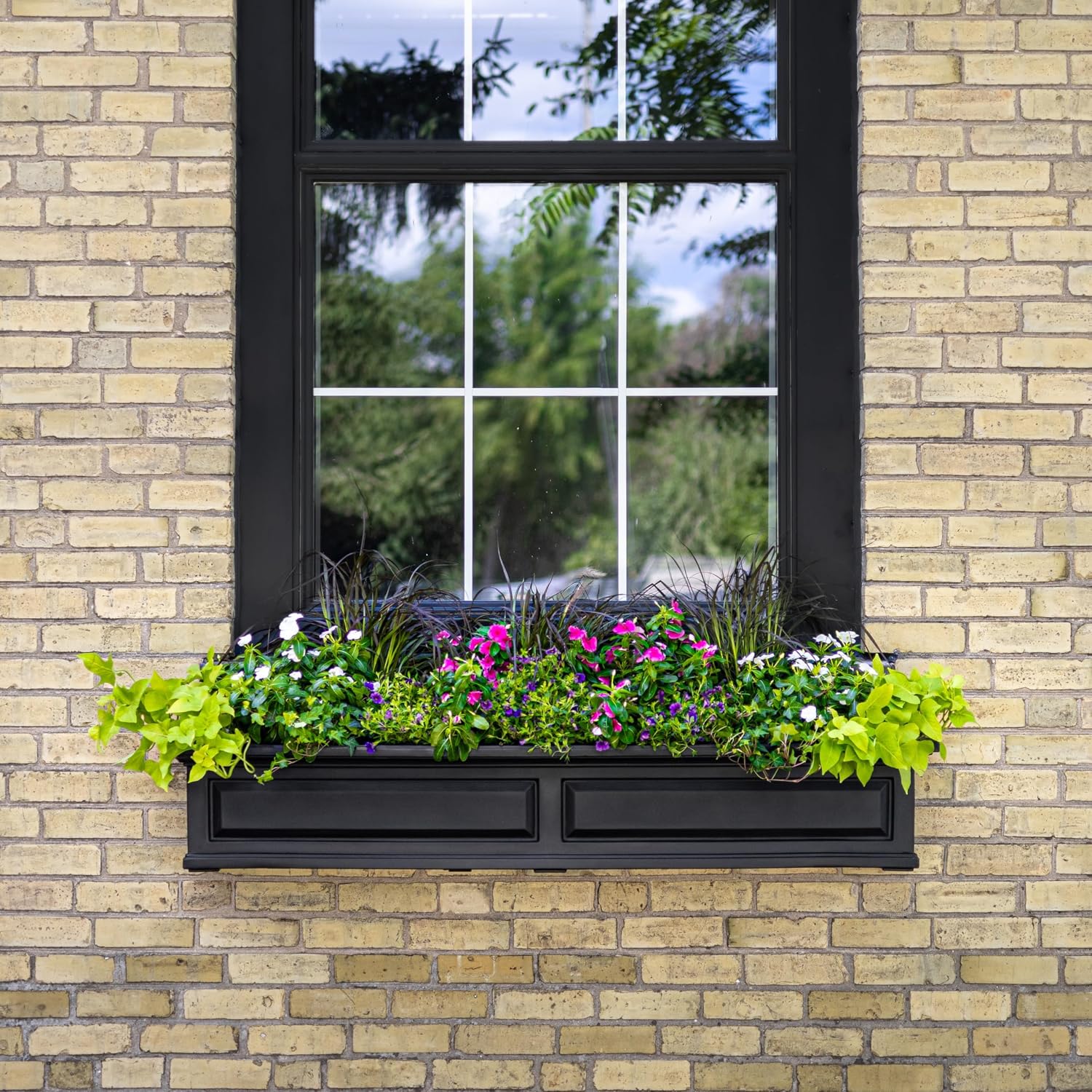 Mayne Nantucket 36in Self-Watering Rectangular Window Box Planter, White | Self-watering, All season, Fade resistant, Mounting brackets included, Built-in overflow, 15-year warranty