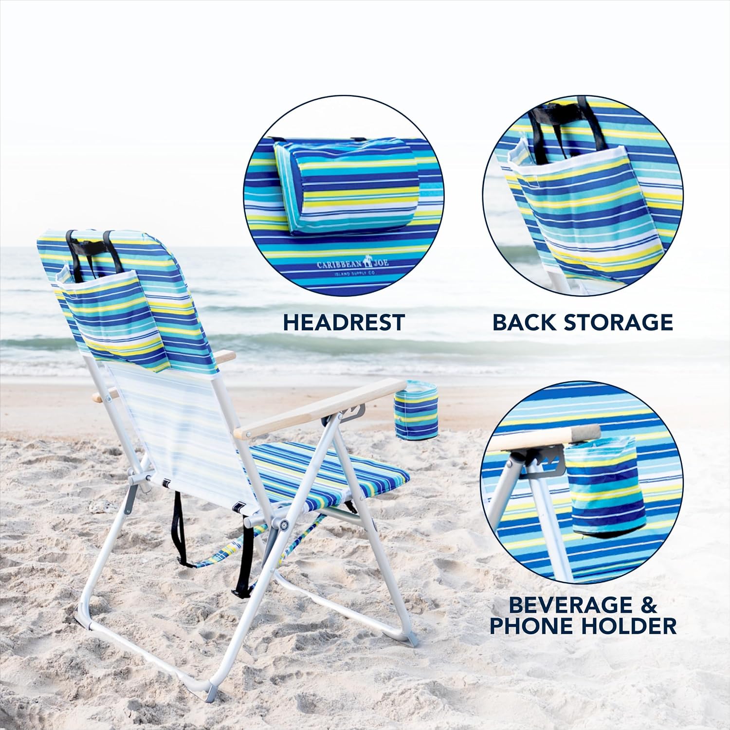 CARIBBEAN JOE Folding Beach Chair, 4 Position Portable Backpack Foldable Camping Chair with Headrest, Cup Holder, and Wooden Armrests