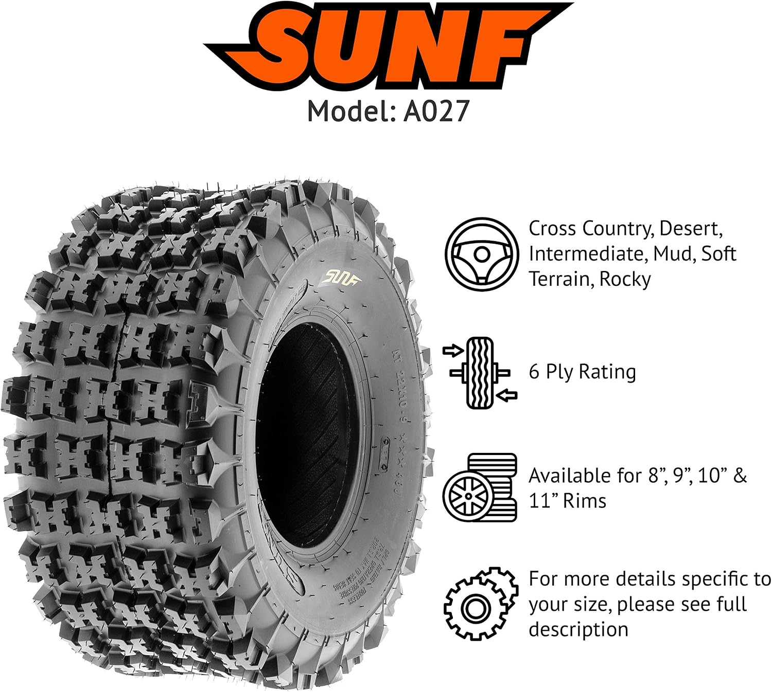 SunF 22x10-9 ATV UTV Knobby Tire 22x10x9 Sport Race 6 PR A027 - PAIR of 2