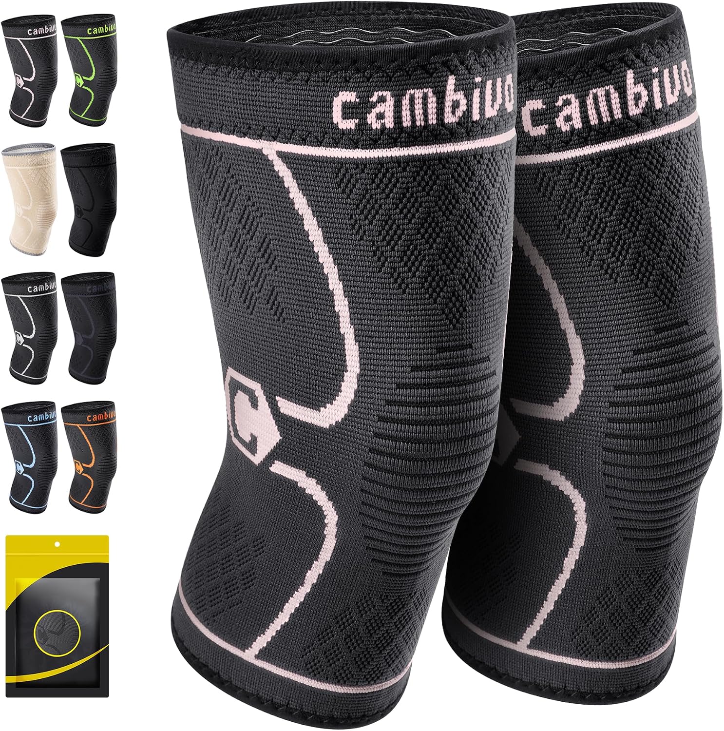CAMBIVO 2 Pack Knee Braces for Women & Men, Knee Compression Sleeves for Knee Pain Relief, Knee Support with Non-Slip Silicone, Breathable, for Running, Workout, Weightlifting & Daily Use, Arthritis Support (Black, Medium)