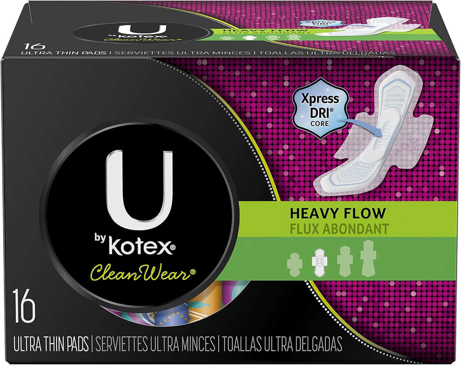U by Kotex CleanWear Ultra Thin Pads with Wings, Heavy Flow, Fragrance-Free, 6 Packs of 16 (96 Pads Total)