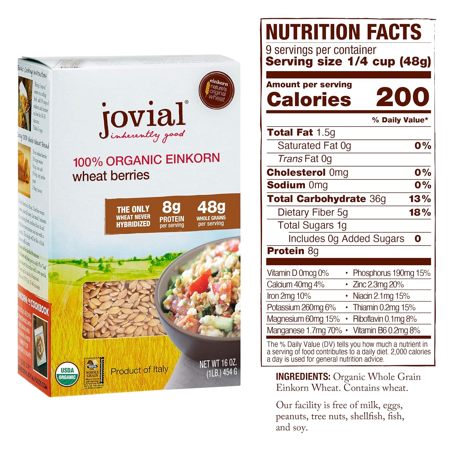 Jovial Einkorn Wheat Berries | 100% Organic Einkorn Wheat Berries | High Protein | Non-GMO | USDA Certified Organic | Product of Italy | 16 oz (12