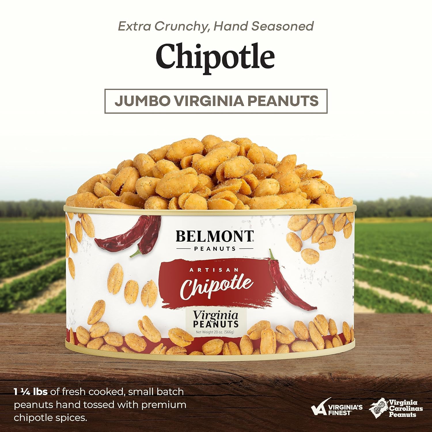 Belmont Peanuts Gourmet Sea-Salted Virginia Peanuts, 20 oz (1 Pack) – Only 3 Simple Ingredients, No Preservatives, 7g Protein – A Premium, Salty, Crunchy, Hand Seasoned Snack