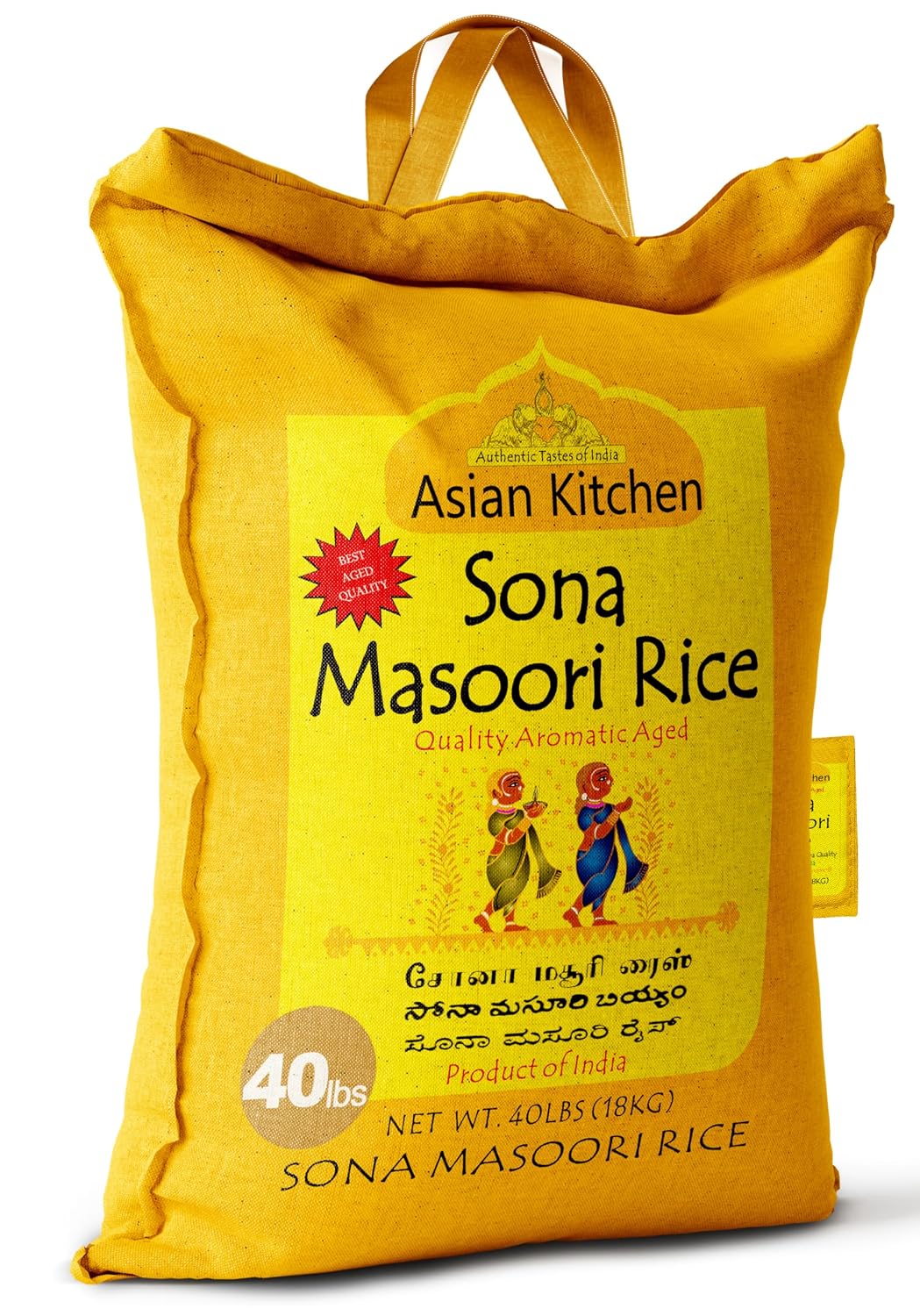 Asian Kitchen White Sona Masoori Aged Rice 20-Pound Bag, 20lbs (9.08kg) Short Grain Rice ~ All Natural | Gluten Friendly | Vegan | Kosher | Indian Origin | Export Quality