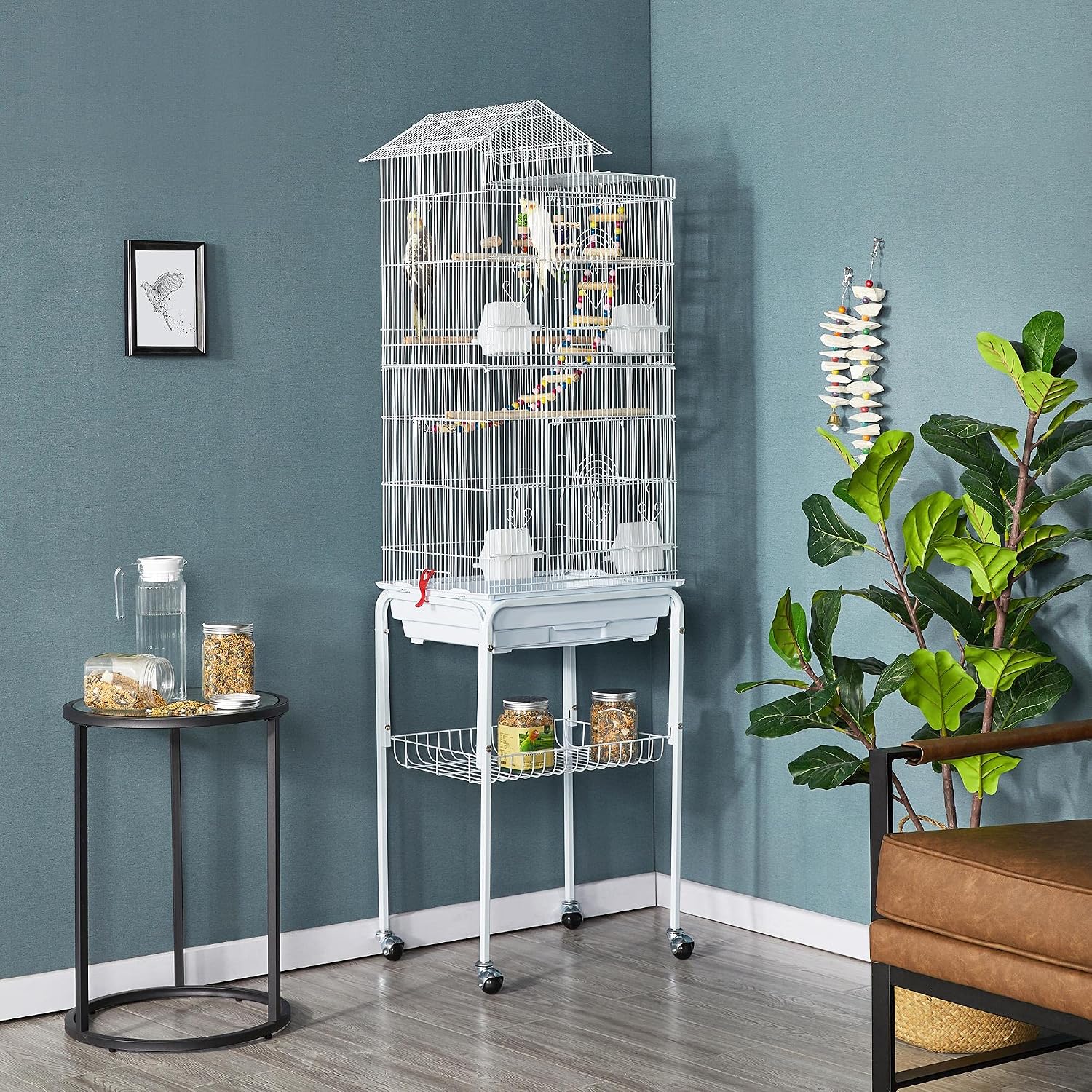 Yaheetech Bird Cage 64'' Medium Small Parrot Parakeet Bird Cages with Detachable Rolling Stand for Parrot Lovebirds Finches Parakeets Budgie Parrotlet Conures, Pet Flight Birdcage