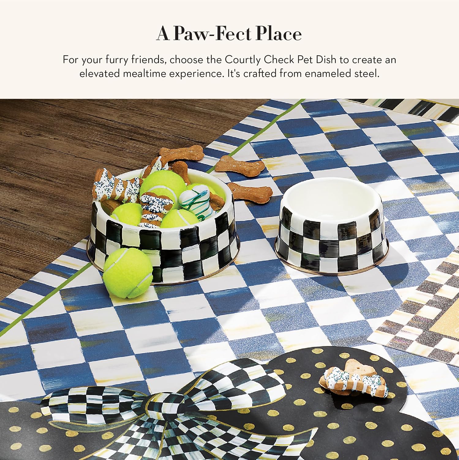 MACKENZIE-CHILDS Enamel Pet Dish, Large, Black-and-White Courtly Check | Decorative cat and dog bowl for food and water, 40-ounce capacity
