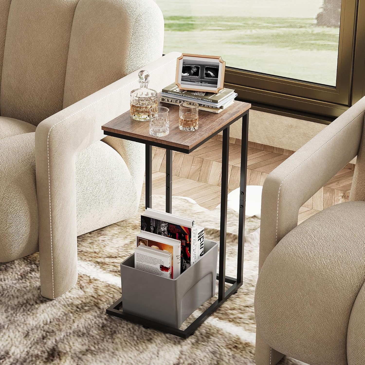 WLIVE C Shaped End Table, Small Side Tables for Sofa and Bed, Couch Table that Slides Under for Living Room, Bedroom, Home Office, Small Spaces