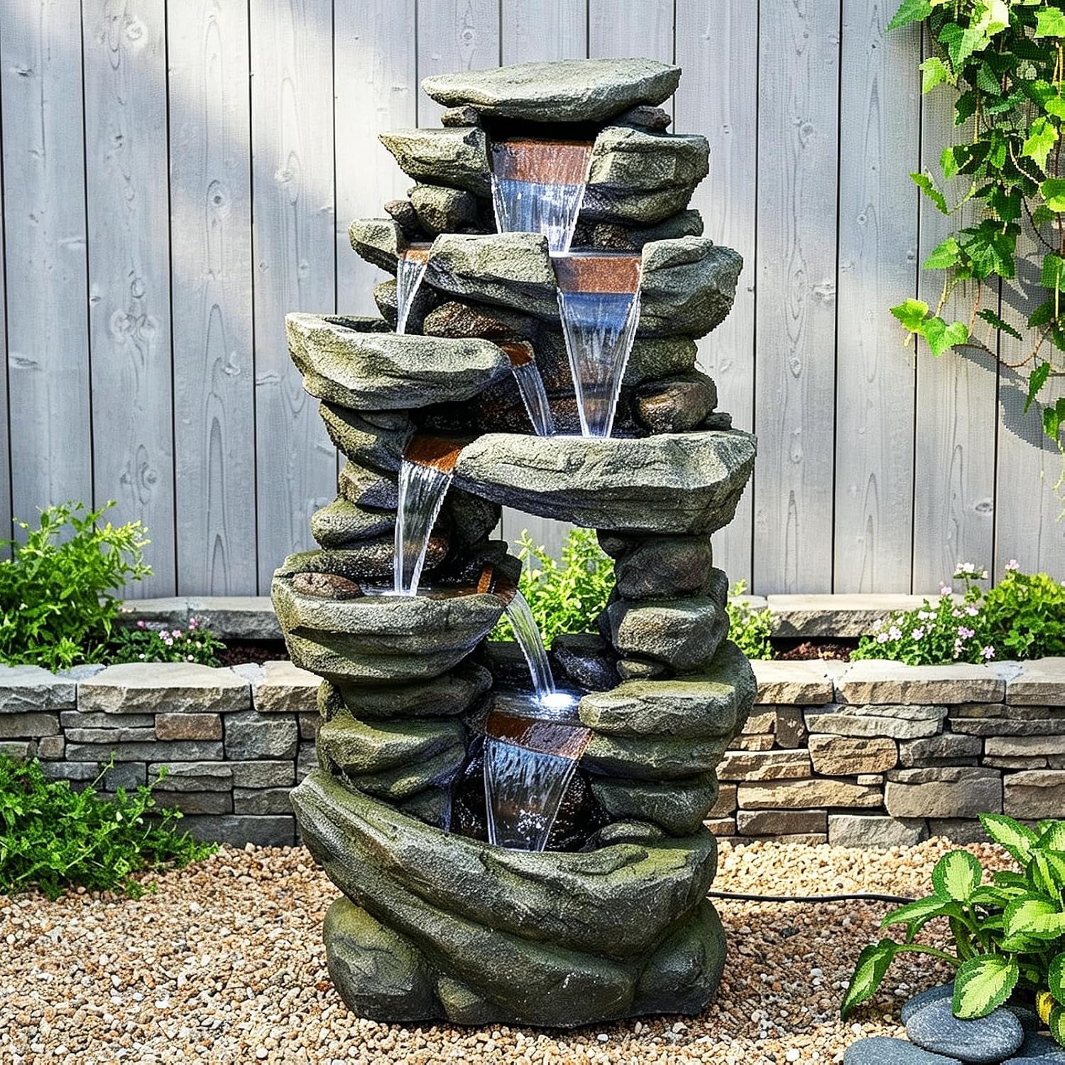 SunJet 40.5” High Rocks Outdoor Water Fountain - 6-Tiers Cascading Waterfall with LED Lights, Soothing Tranquility for Home Garden, Yard Decor