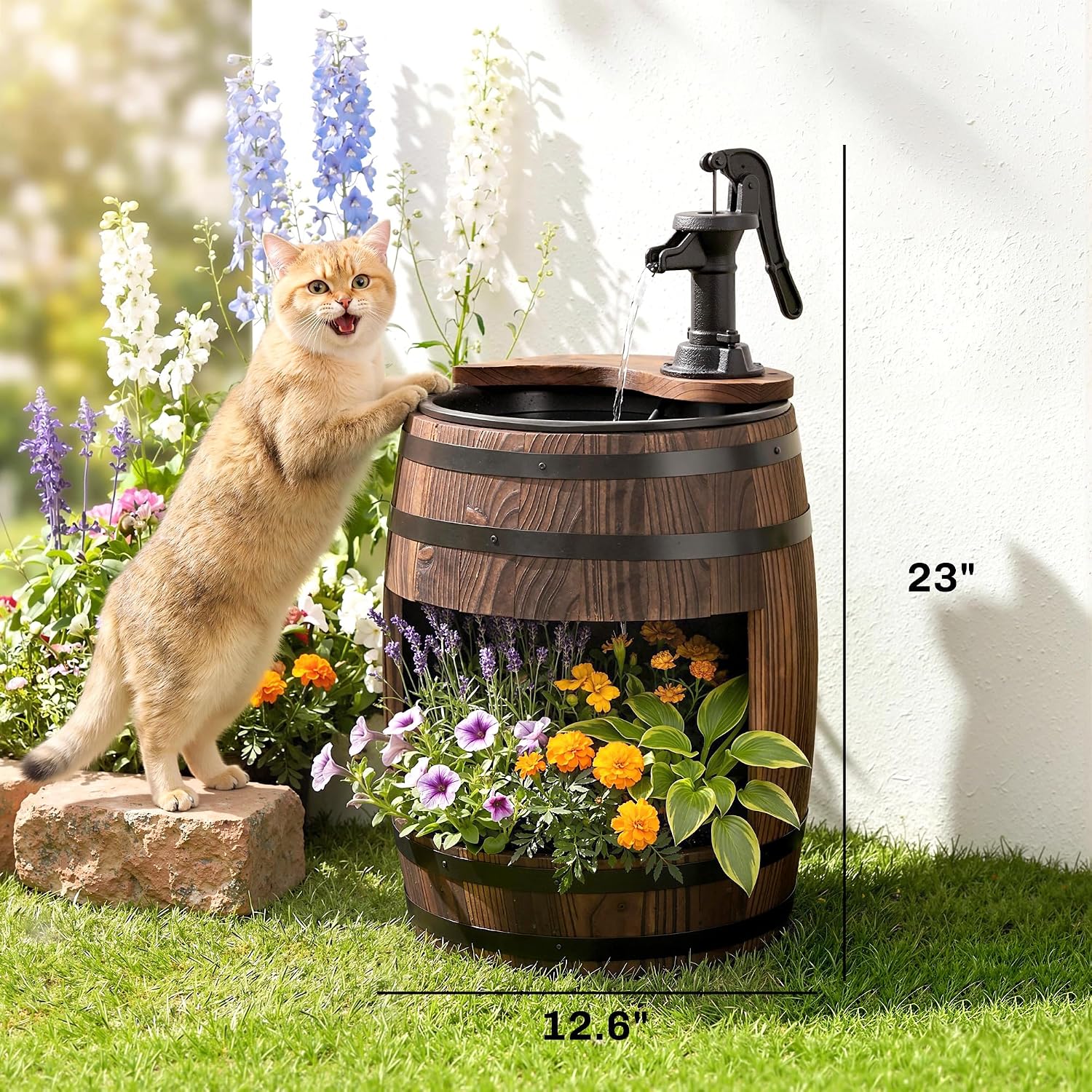 Outsunny 23" H Outdoor Water Fountain Wood and Plastic Rustic Apple Barrel | Pump, Garden Decor, Outside Backyard