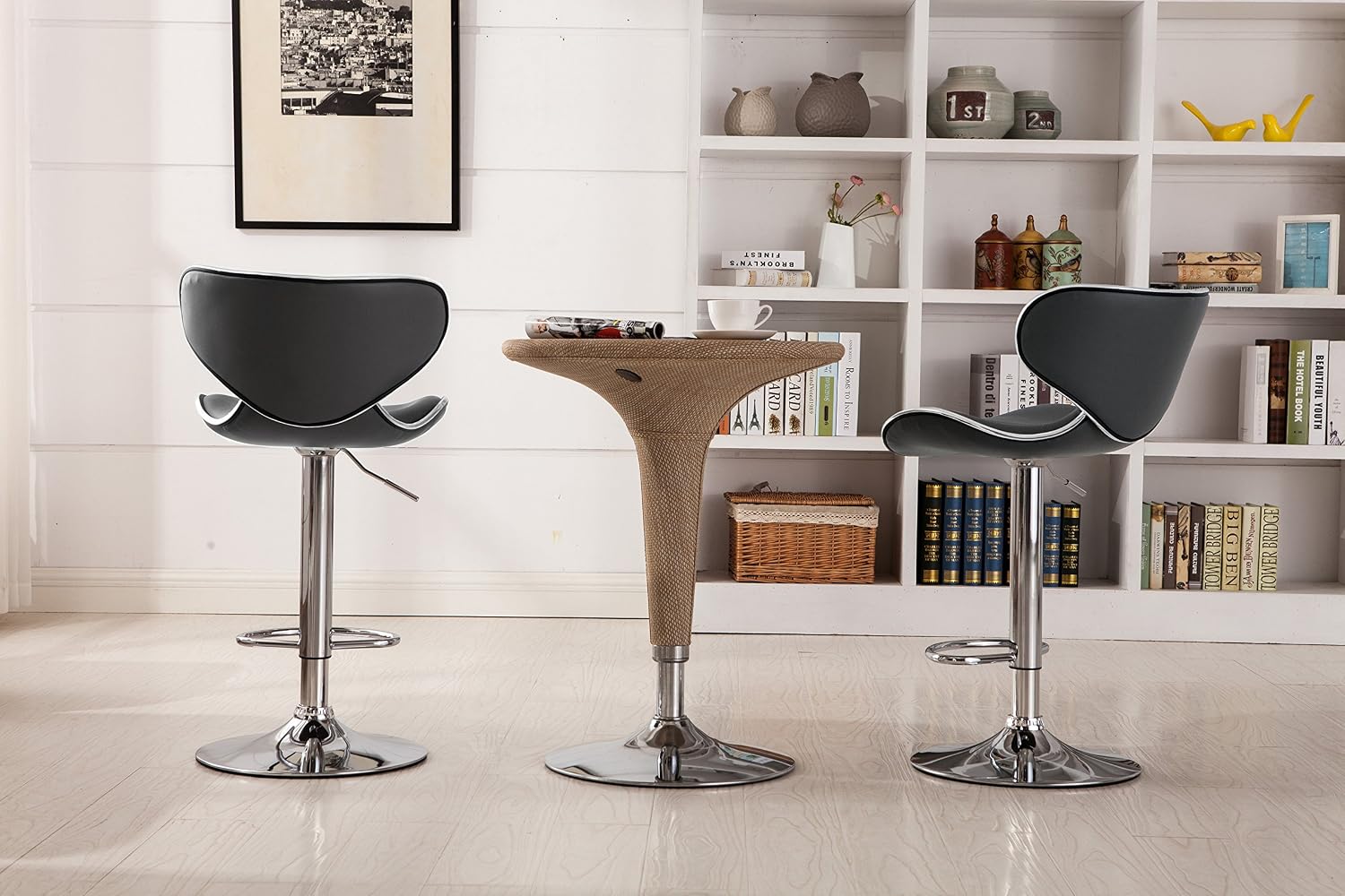 Roundhill Furniture Masaccio Cushioned Leatherette Upholstery Airlift Adjustable Swivel Barstool with Chrome Base, Set of 2, Blue