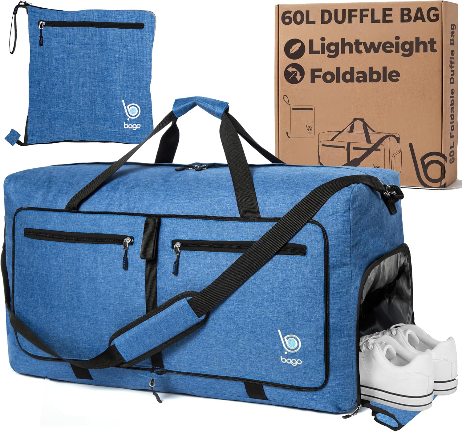 Bago Large Duffle Bag for Travel Women & Men. Durable Lightweight Foldable Travel Duffel Bags For Traveling Women. 80L Duffle Bags For Overnight Bag With Shoe Compartment Collapsible Weekender duffel