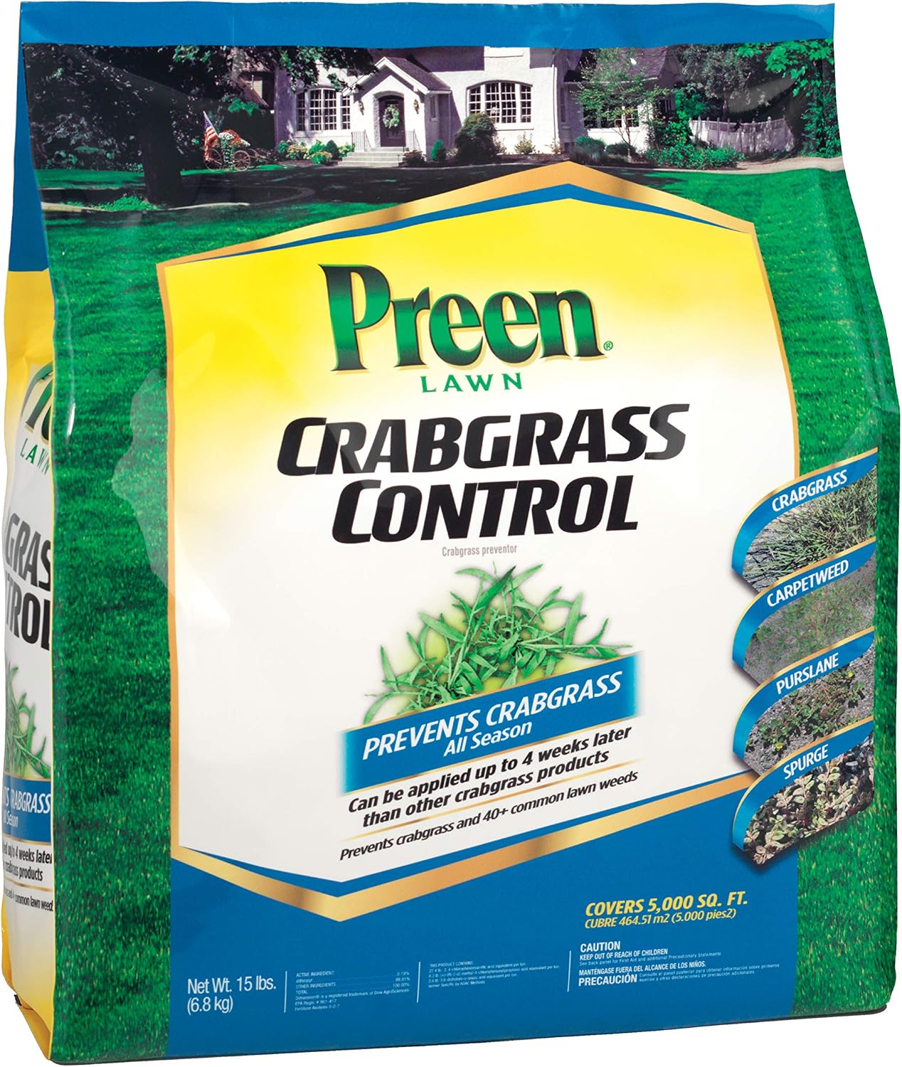 Preen Lawn Crabgrass Control 15 lb. Bag, Covers 5, 000 sq. ft. | Stops crabgrass all season long, Can be applied up to 4 weeks after emergence