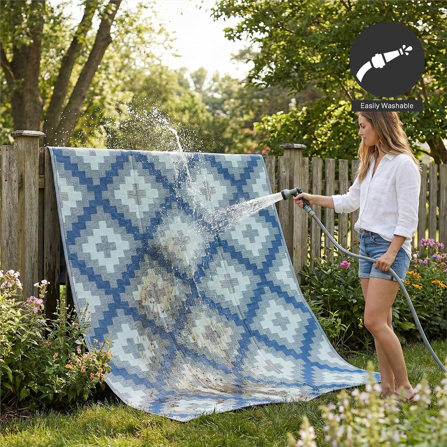 FH Home Outdoor Camping Rug - Waterproof, Fade Resistant, Reversible - Premium Recycled Plastic - Striped - Large Patio, Deck, Sunroom