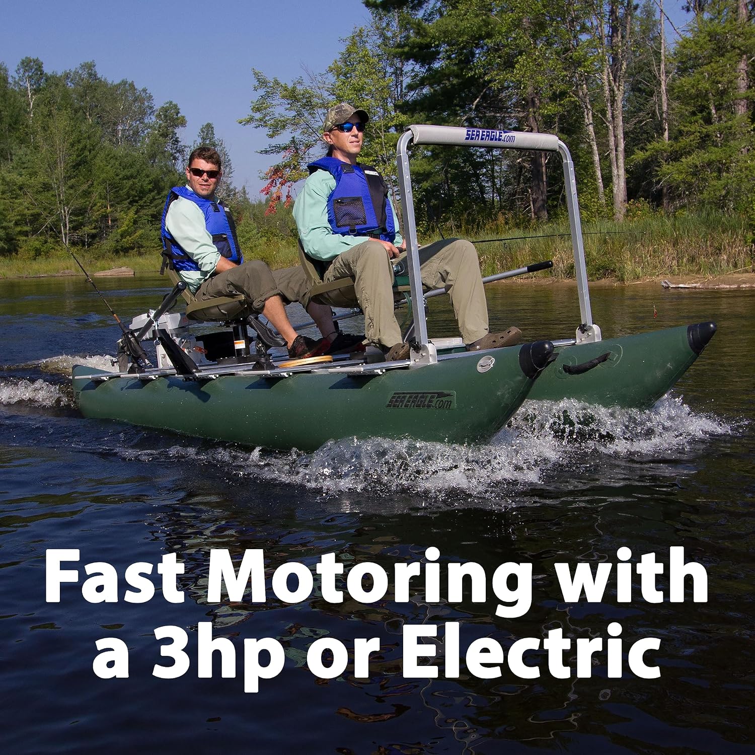 Sea Eagle 375fc FoldCat 1-2-Persons Inflatable Fishing Pontoon Boat, Lightweight & Portable, w/2 Green Swivel Seats, Pedestal, Oar Set, Scotty Rod Holders, Boat Bag, & Pump