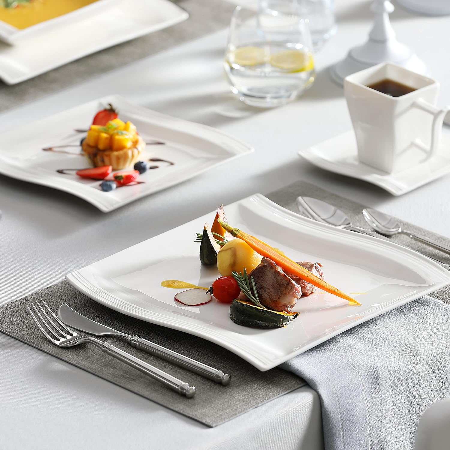 MALACASA Plates and Bowls Sets, 26 Pieces Ivory White Porcelain Dinnerware Sets without Mugs, Square Dinnerware with Dinner Plates, Bowls and Serving Platters, Modern Dish Set for 6, Series Flora