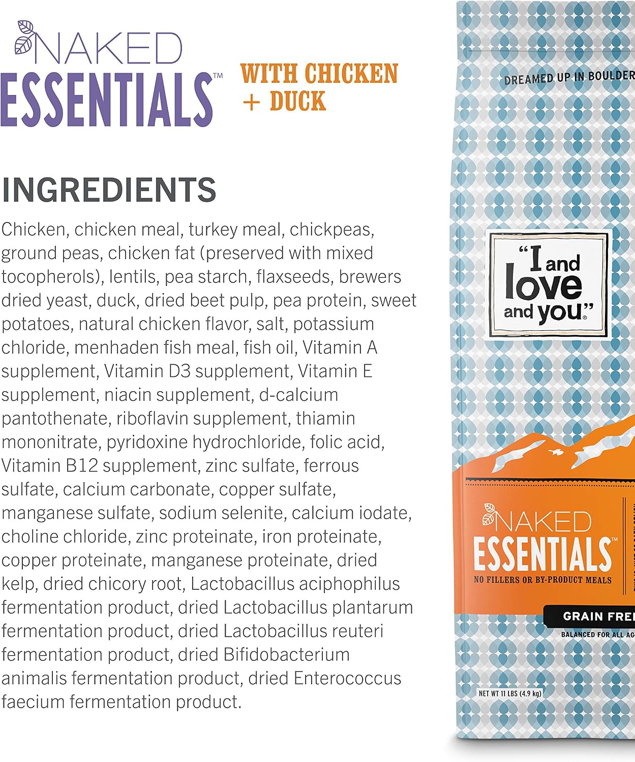 I and love and you Naked Essentials Dry Dog Food - Lamb + Bison - High Protein, Real Meat, No Fillers, Prebiotics + Probiotics, 4lb Bag