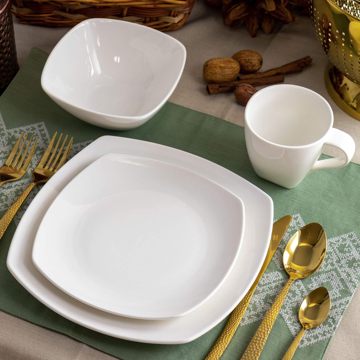 Elama Cara 16 Piece Round Porcelain Dinnerware Set in White