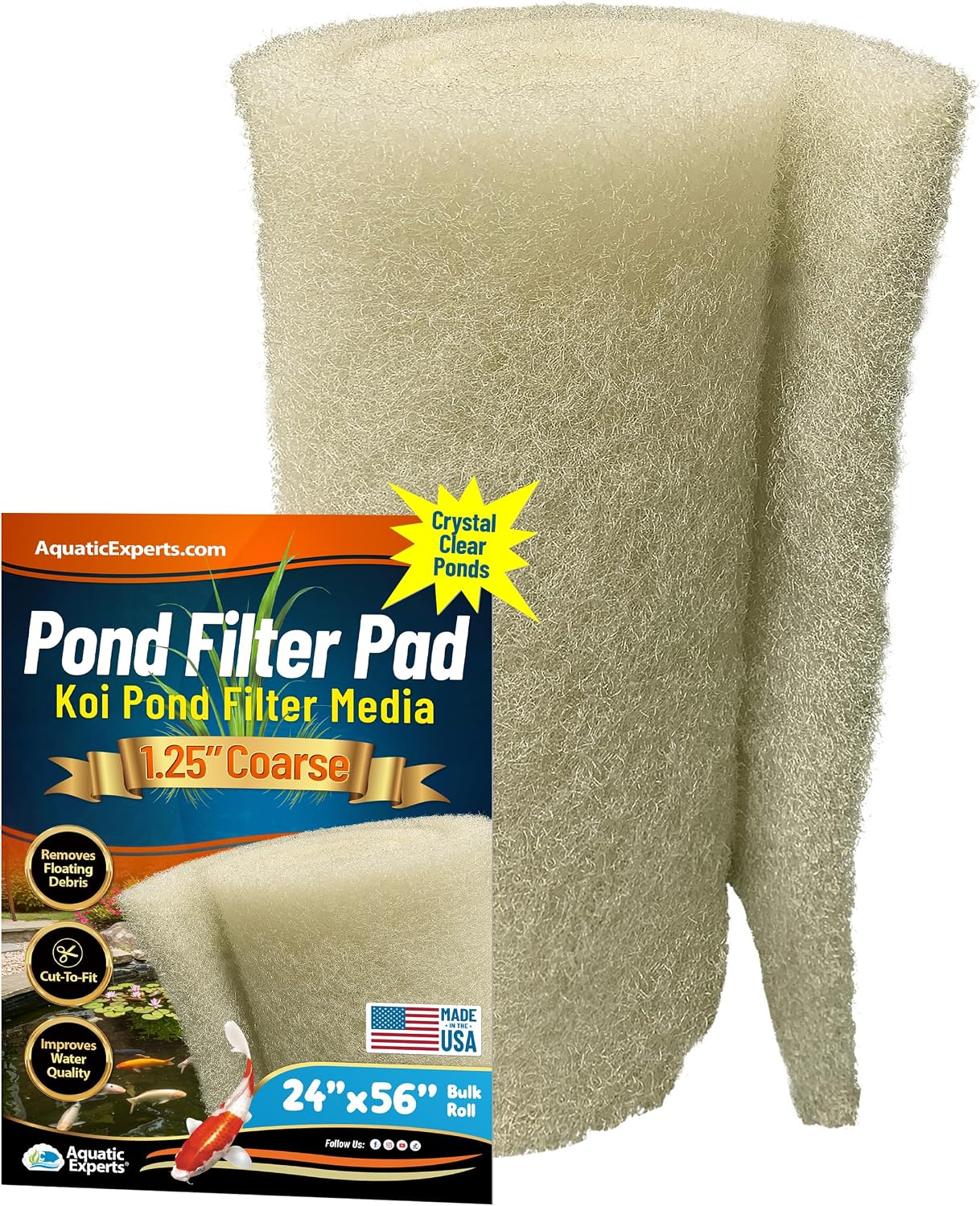 Aquatic Experts Cream COARSE Pond Filter Pad - 2 inch Thick - Bulk Roll Water Garden Filter Pond Media - Made in USA, (12" x 36")
