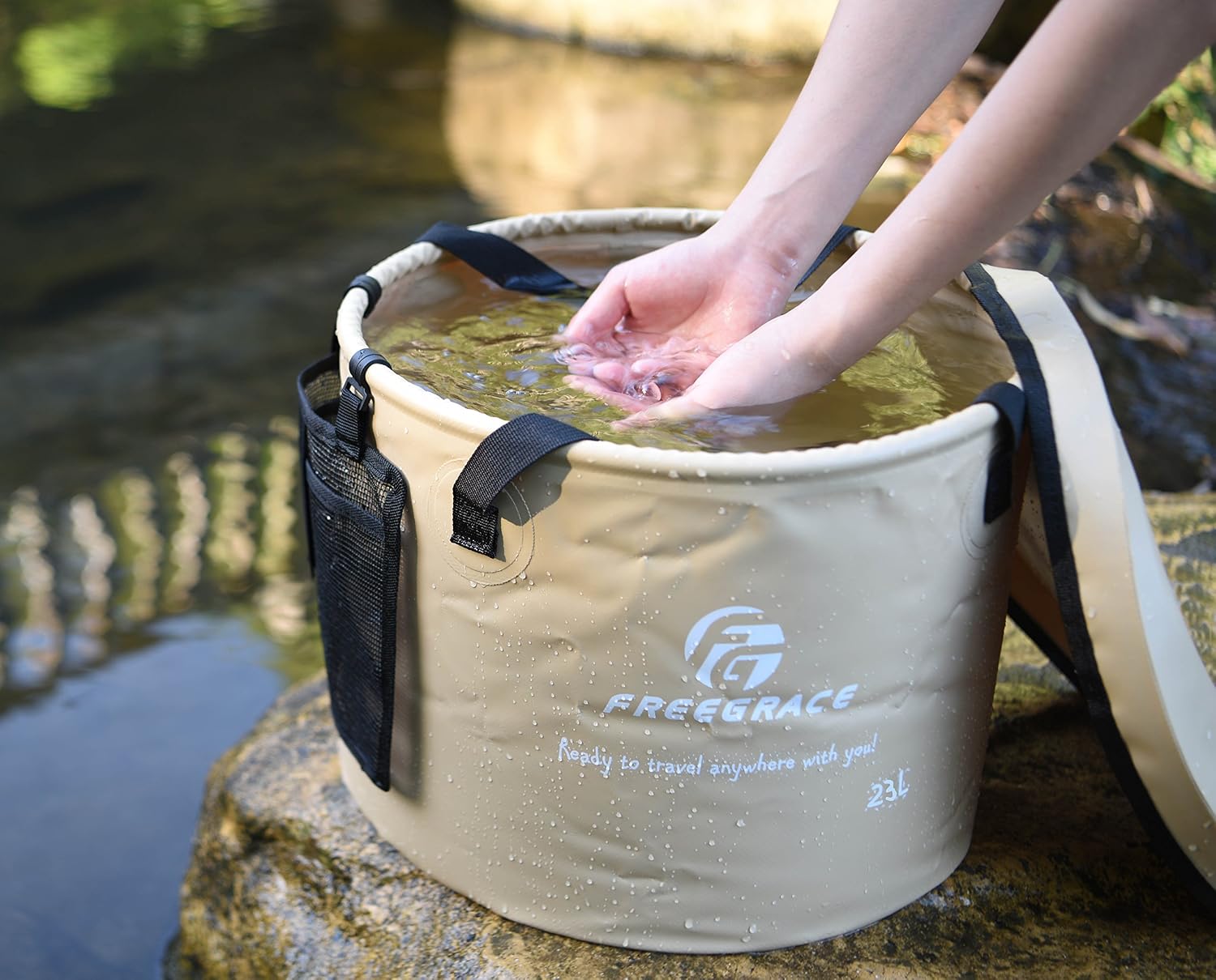 Freegrace Collapsible Bucket with Mesh Tool Pocket - 10L, 16L & 23L Portable Folding Water Container - Heavy Duty 500D Tarpaulin, BPA-Free Wash Basin for Camping, Fishing, RV, and Car Washing