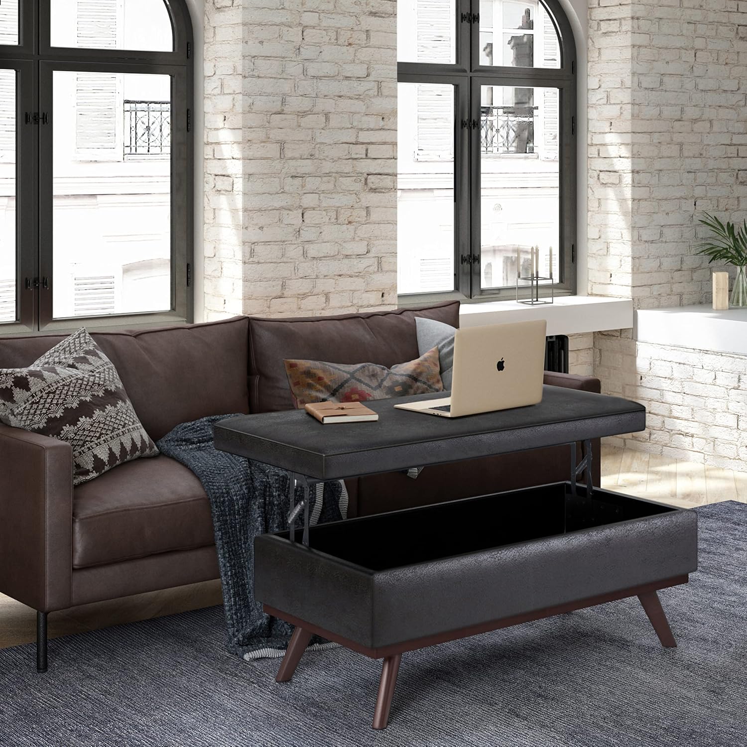 SIMPLIHOME Owen 34" Wide Vegan Leather Lift Top Ottoman in Dark Blue