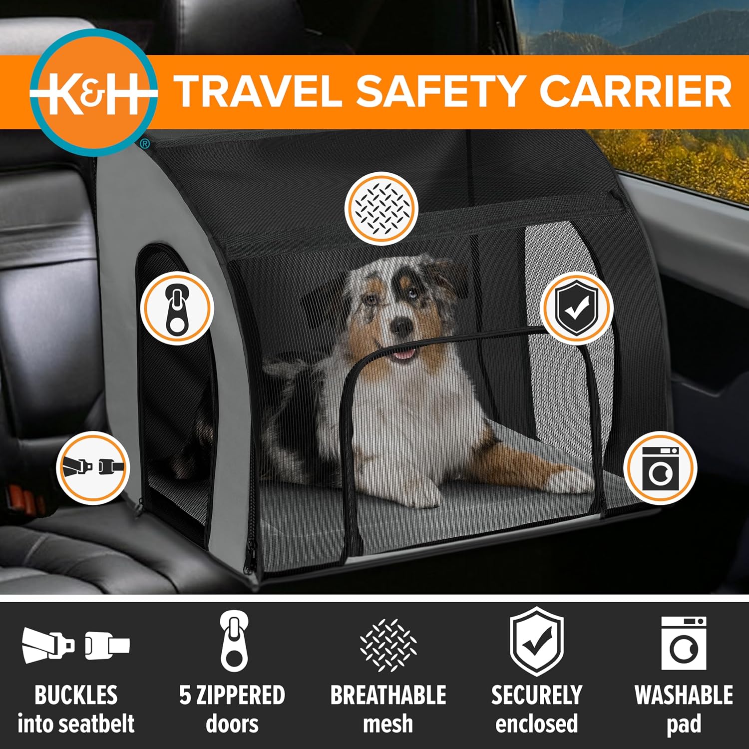 K&H Dog Car Seat, Travel Safety Carrier for Pets, Medium, Gray/Black | Enclosed Car Seat for Dogs, Soft-Sided Covered Pet Carrier, Washable Pad, Multiple Entrances, Mesh Windows, 24x19x17in