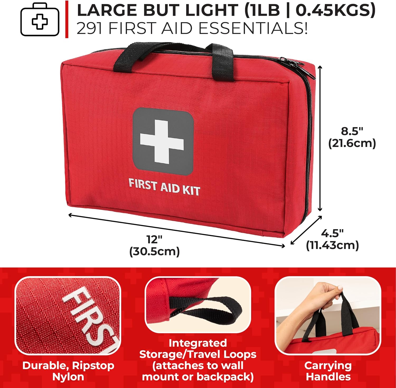 Thrive Mini First Aid Kit - Compact Travel Essentials Pack - Waterproof Camping Essentials Set - Portable Car First Aid Kit & Hiking Supplies Pouch - 66-Piece Set, Red Shell Case